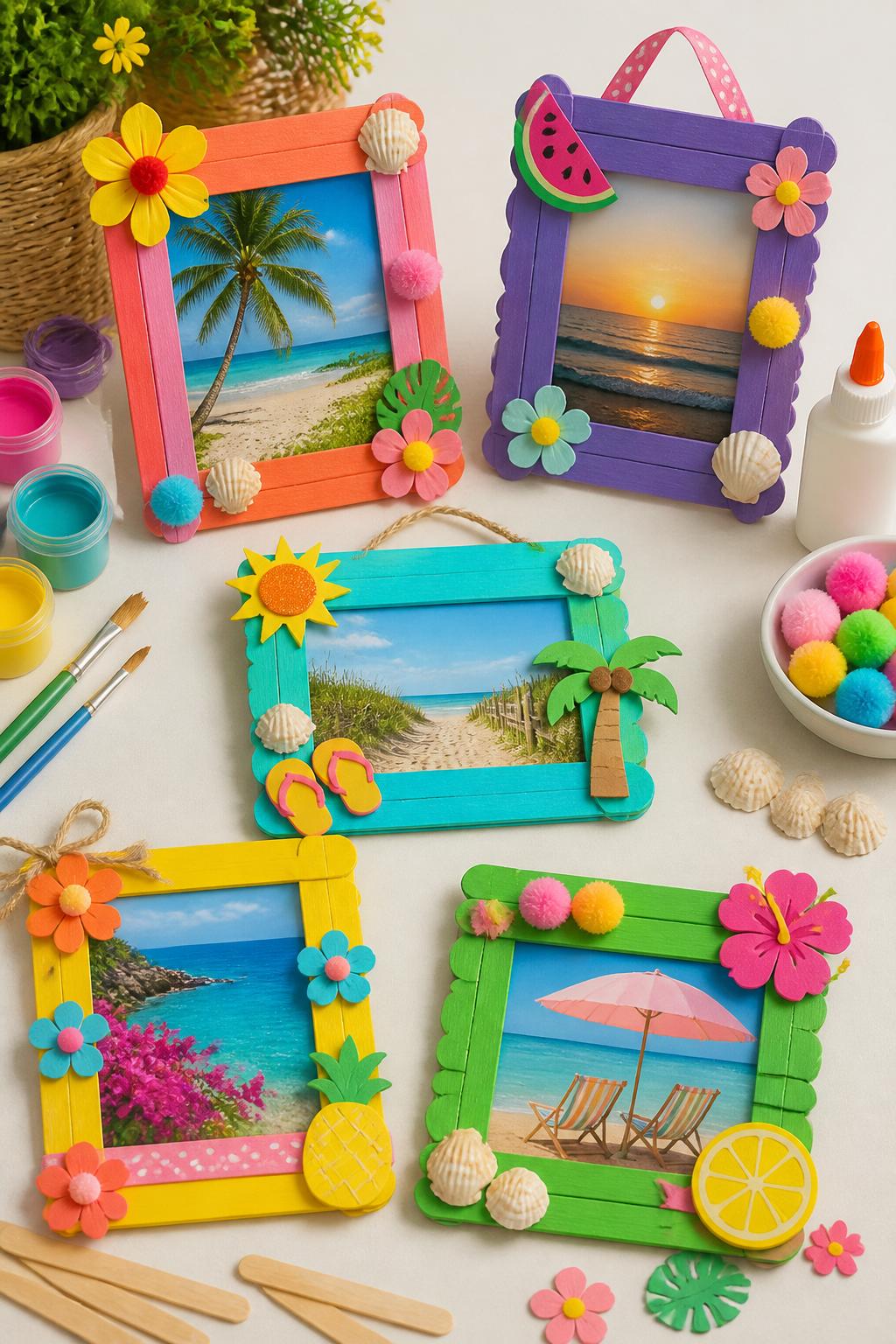 Detailed Image Prompt:
A cheerful end-of-summer craft photo showing handmade popsicle stick photo frames, craft sticks painted in bright summer colors with paper flowers, shells, fruit shapes, pom-poms, and ribbon accents, one small summer photo placed inside each frame, arranged on a clean table with paint pots and glue nearby, sweet keepsake craft style, no people, no faces, no readable text, no watermark on images.
