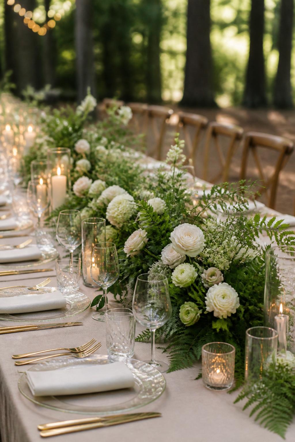An elegant forest wedding table image featuring low centerpieces made with fresh ferns, white roses, ivory ranunculus, and soft greenery arranged along a long table. The table has cream linen, gold flatware, clear glasses, and softly glowing candles. The venue is an outdoor forest reception with dappled light filtering through trees. No visible faces, no text, no watermark, realistic editorial wedding photography.