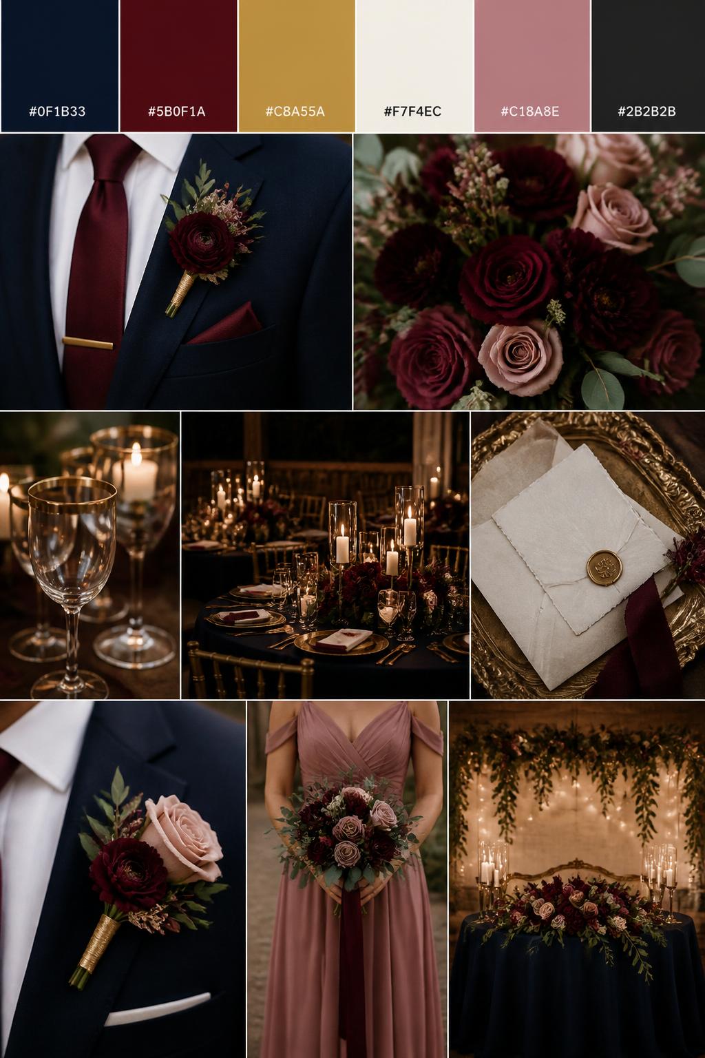 A polished wedding color palette mood board with a top color strip showing hex codes in navy blue, burgundy, antique gold, ivory, dusty rose, and charcoal. Below, show a realistic collage of navy suit details, burgundy flowers, gold-rimmed glasses, candlelit reception tables, ivory stationery, a groom boutonniere close-up with no face visible, a bridesmaid dress shot cropped below the shoulders, and a romantic sweetheart table with deep floral accents. Style it like a formal dark romantic Pinterest wedding board with soft lighting and true-to-life DSLR quality. 9:16 vertical format. No visible full faces. No extra text except small hex codes. (no watermarks on images)