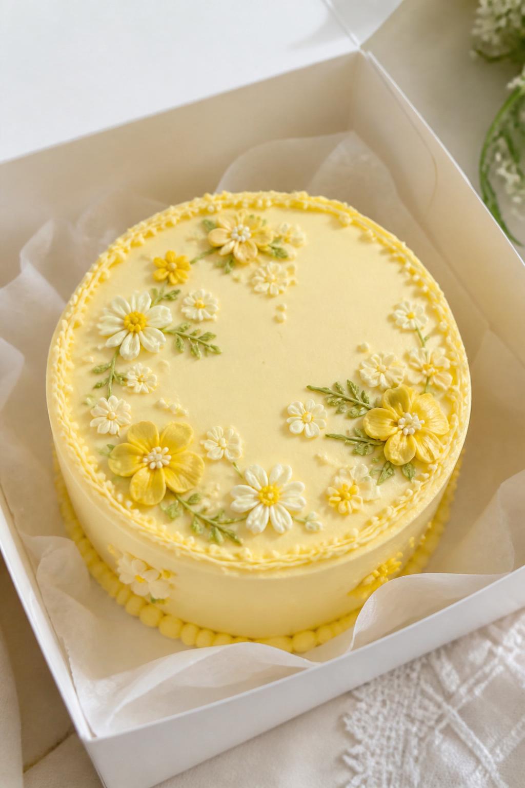 Image Prompt:
A delicate yellow floral bento cake inside a white open cake box, smooth pale yellow frosting, tiny buttercream flowers in yellow, white, and cream tones, elegant piped border, fresh garden-inspired bakery styling, soft natural light, realistic close-up dessert photography, no people, no hands, no faces, no watermarks on images