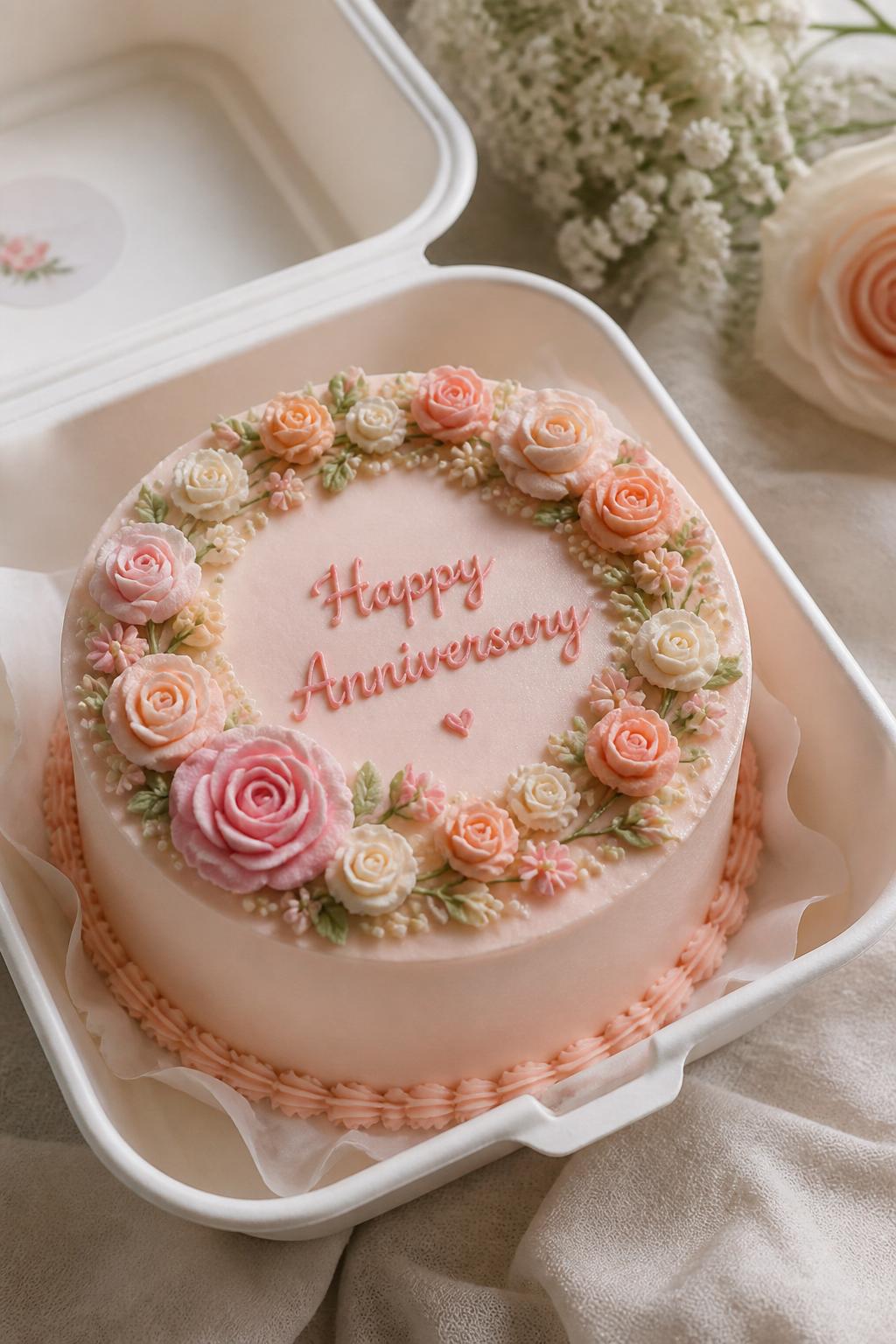 Image Prompt:
A delicate floral anniversary bento cake in an open white bento box, smooth blush frosting, tiny buttercream flowers in pink, cream, and peach tones, elegant piped border, fresh romantic bakery styling, soft natural light, realistic close-up dessert photography, no people, no hands, no faces, no watermarks on images