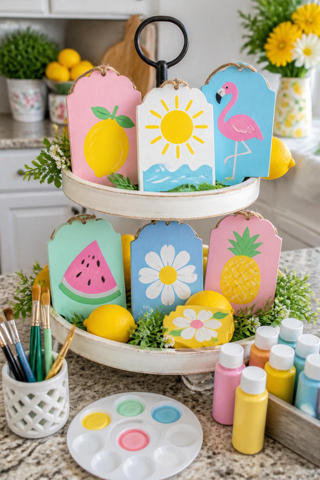 Detailed Image Prompt:
A cute budget craft photo showing mini summer signs made from Dollar Tree wood plaques, small signs painted with fruit shapes, suns, flowers, waves, and pastel backgrounds, arranged on a white tiered tray with faux lemons and greenery, paintbrushes and craft paints nearby, bright kitchen summer decor style, no people, no faces, no readable text, no watermark on images.