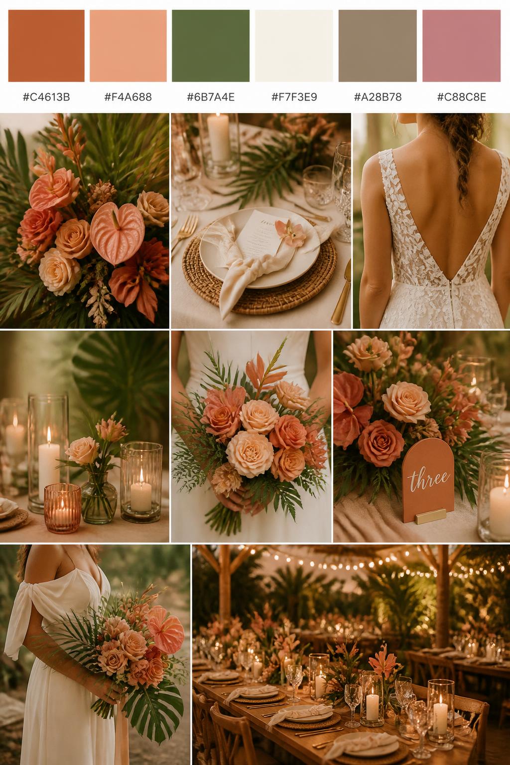 A realistic tropical wedding palette board featuring a top row of color swatches and hex codes in terracotta, tropical peach, olive green, cream, warm taupe, and dusty rose. Below, show a warm collage of wedding visuals: peach and terracotta florals, olive greenery, cream place settings, candlelit centerpieces, cropped dress detail shots, bouquet styling in hands-only composition, and no-people reception tables glowing in warm light. Avoid showing faces by using back angles, side crops, waist-up detail framing, and no-people scenes. The collage should feel earthy, tropical, and romantic with DSLR-quality detail. 9:16 vertical format. (no watermarks on images)