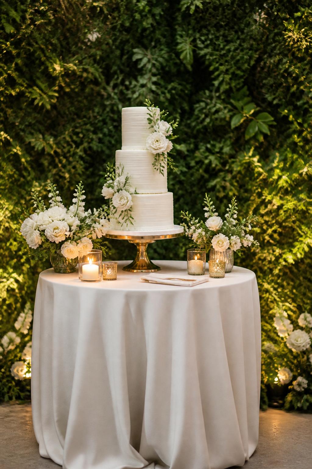 Image Prompt:
A stylish wedding cake table placed in front of a lush greenery wall backdrop, with a white tiered cake on a gold stand, white flowers, soft candles, ivory linen, and a refined reception setting. No visible faces, no full people, cake table-focused photo, no text, no watermark, realistic editorial wedding photography, (no watermarks on images)