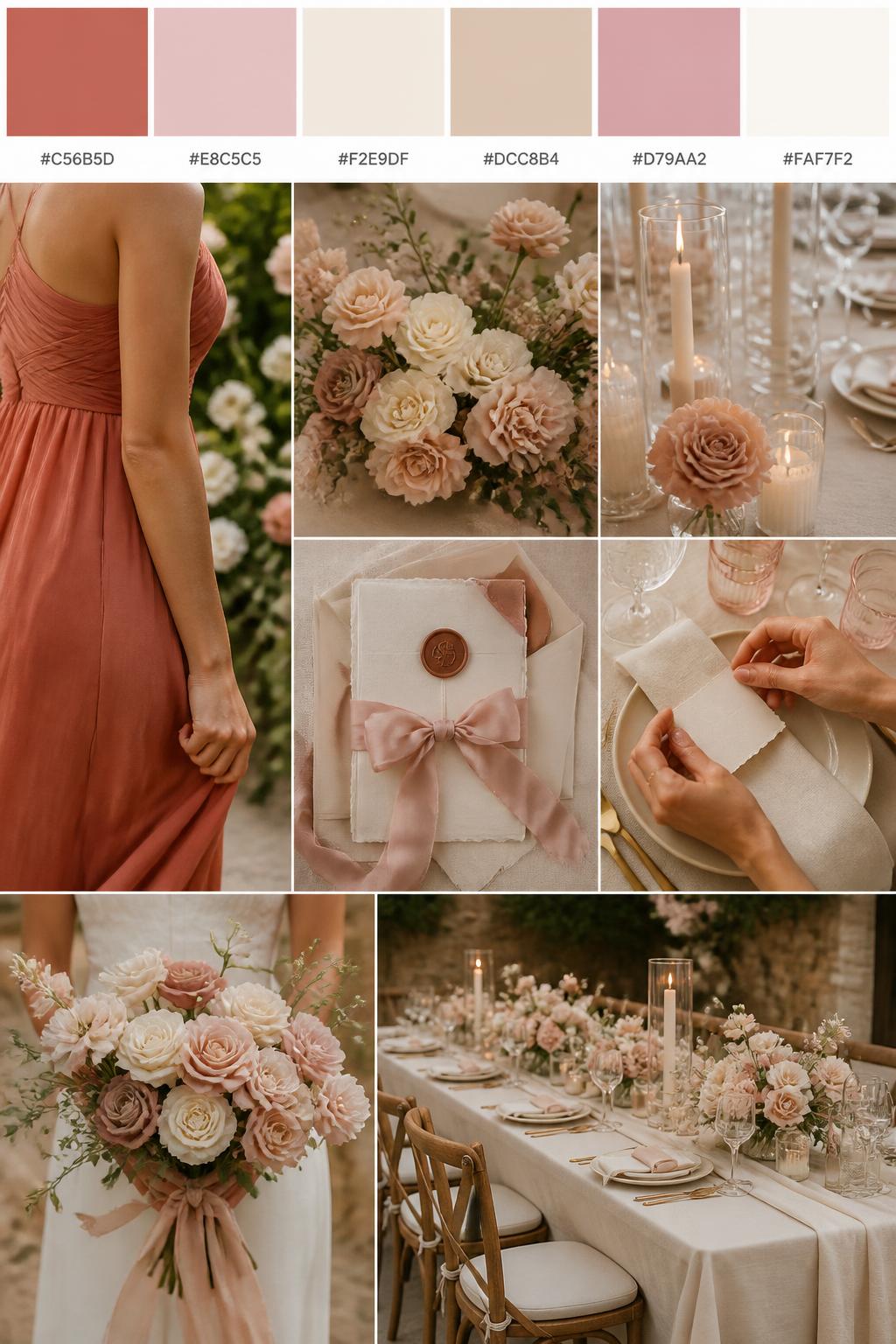 A realistic wedding color palette mood board in a Pinterest-style collage layout. Add a top row of clean color swatches with small hex codes in soft terracotta, blush pink, cream, warm beige, dusty rose, and ivory. Below the swatches, create a polished collage of wedding details: terracotta bridesmaid dress fabric cropped from the neck down, blush and cream floral arrangements, cream table linens, romantic candles, silk ribbon stationery, a bouquet held at waist level with no face visible, hands adjusting place cards, and a no-people reception table scene. Use side views, back views, cropped detail shots, hands-only styling, and no-people scenes to avoid showing faces. Soft natural light, DSLR-style realism, 9:16 vertical format. No extra text except small hex codes on the palette strip. (no watermarks on images)