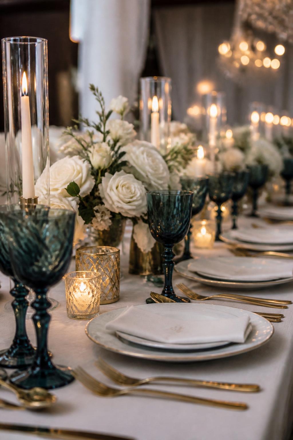 Image Prompt:
A stylish wedding table image showing deep teal or jewel-toned glassware, white floral centerpieces, ivory linen, white plates, gold flatware, and soft candlelight. Elegant reception setting with a moody romantic mood, no visible faces, no text, no watermark, professional DSLR wedding photography, (no watermarks on images)