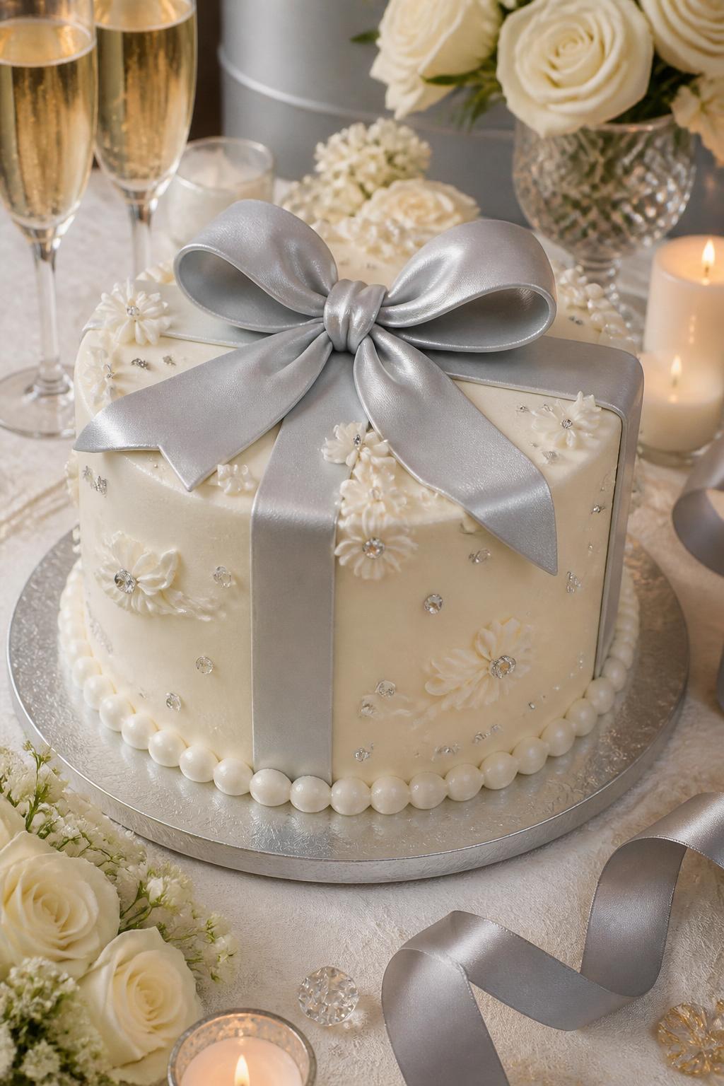 Image Prompt: A sweet diamond anniversary cake with smooth ivory buttercream, a silver fondant bow, pearl borders, tiny edible crystal accents, and delicate white piped flowers. Style it on a pretty dessert table with silver ribbon, candles, white roses, and champagne glasses. Make it gift-like, cute, and realistic, no people, no faces, no text overlay, no watermark. (no watermarks on images)
