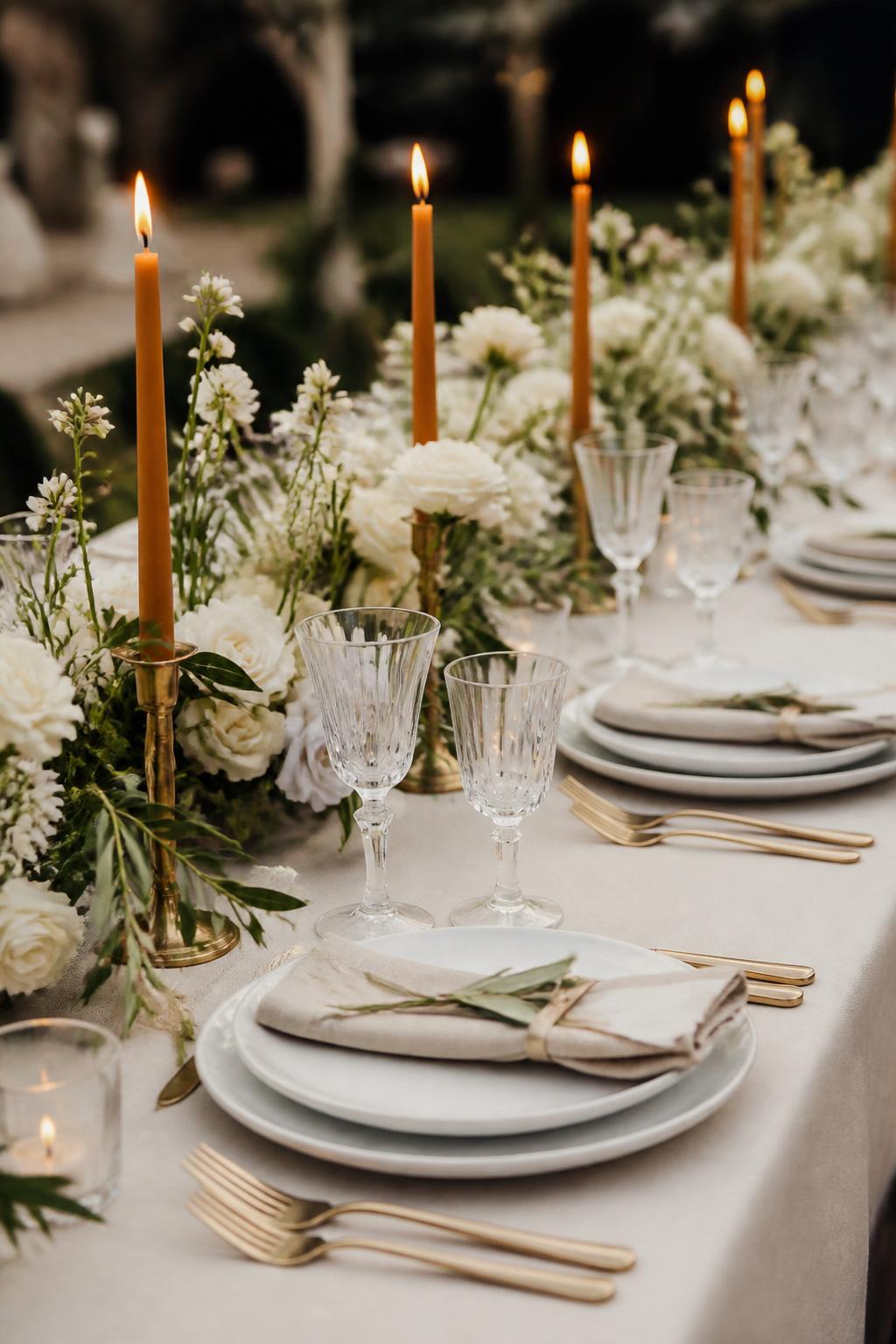 Image Prompt:
A refined wedding table photo showing orange taper candles in elegant holders, neutral ivory linen, white plates, clear crystal glasses, low white floral arrangements, greenery, and polished gold flatware. Romantic reception setting with soft warm light, no visible faces, no text, no watermark, realistic editorial wedding photography, (no watermarks on images)