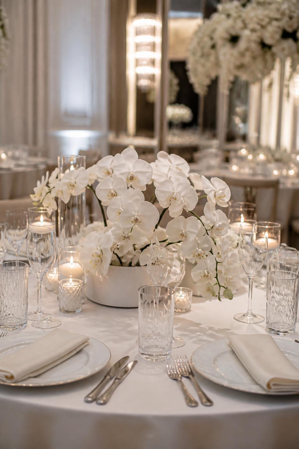 Image Prompt:
A luxury wedding reception photo showing a white wedding table with elegant white orchid centerpieces in modern low vases, white plates, ivory napkins, crystal glasses, polished flatware, and soft candlelight. Upscale indoor reception setting, no visible faces, no full people, no text, no watermark, realistic DSLR editorial image, (no watermarks on images)