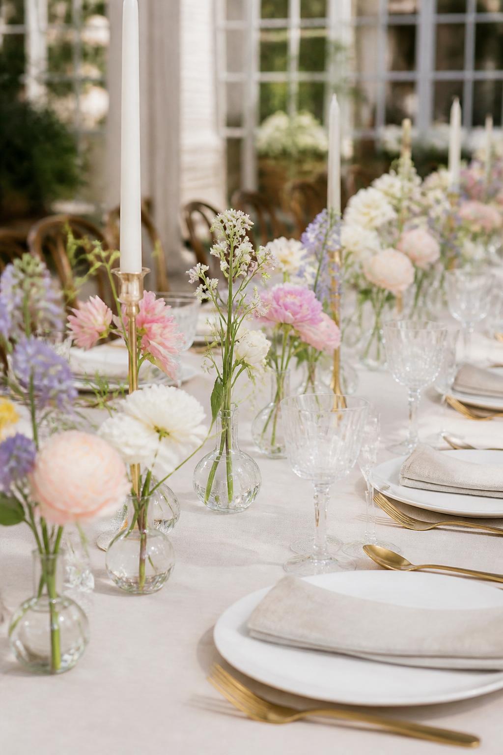 Image Prompt:
A clean wedding reception table photo showing a neat line of small clear glass bud vases, each holding one or two single-stem flowers in blush, white, pale yellow, and soft lavender. Add ivory linen, white plates, gold flatware, clear glassware, and slim taper candles. Bright modern or garden reception setting, no visible faces, no text, no watermark, realistic editorial photography, (no watermarks on images)