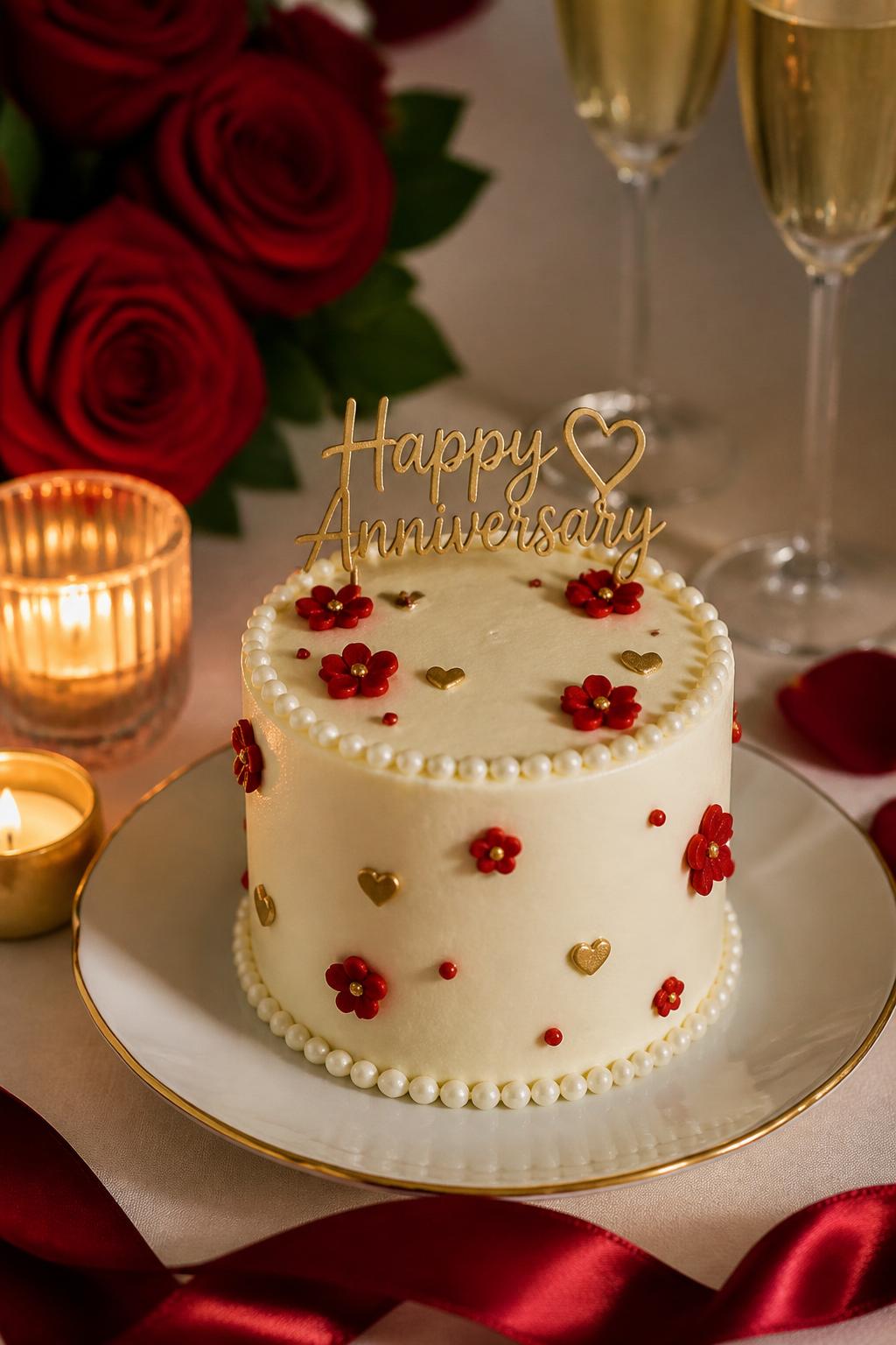 Image Prompt: A small red anniversary mini cake with smooth ivory buttercream, tiny red buttercream flowers, pearl borders, gold heart accents, and a simple anniversary topper. Place it on a dessert plate with candles, red roses, satin ribbon, and champagne glasses softly blurred in the background. Make it intimate, pretty, and realistic, no people, no faces, no watermark. (no watermarks on images)