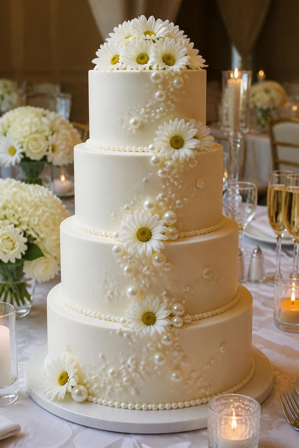 Image Prompt: Ultra-realistic wedding reception photo of a daisy and pearl wedding cake with smooth white or ivory tiers, delicate pearl borders, pearl clusters, fresh white daisies, and a soft bridal finish. Style the cake on an elegant wedding cake table with candles, white floral centerpieces, crystal glassware, champagne flutes, fine linens, and a softly blurred reception backdrop. Keep the cake as the clear main focus. No visible faces. If people appear, show only cropped hands, side views, back views, or neck-down figures. Realistic pearl shine, fresh daisy detail, soft romantic DSLR lighting. (no watermarks on images)