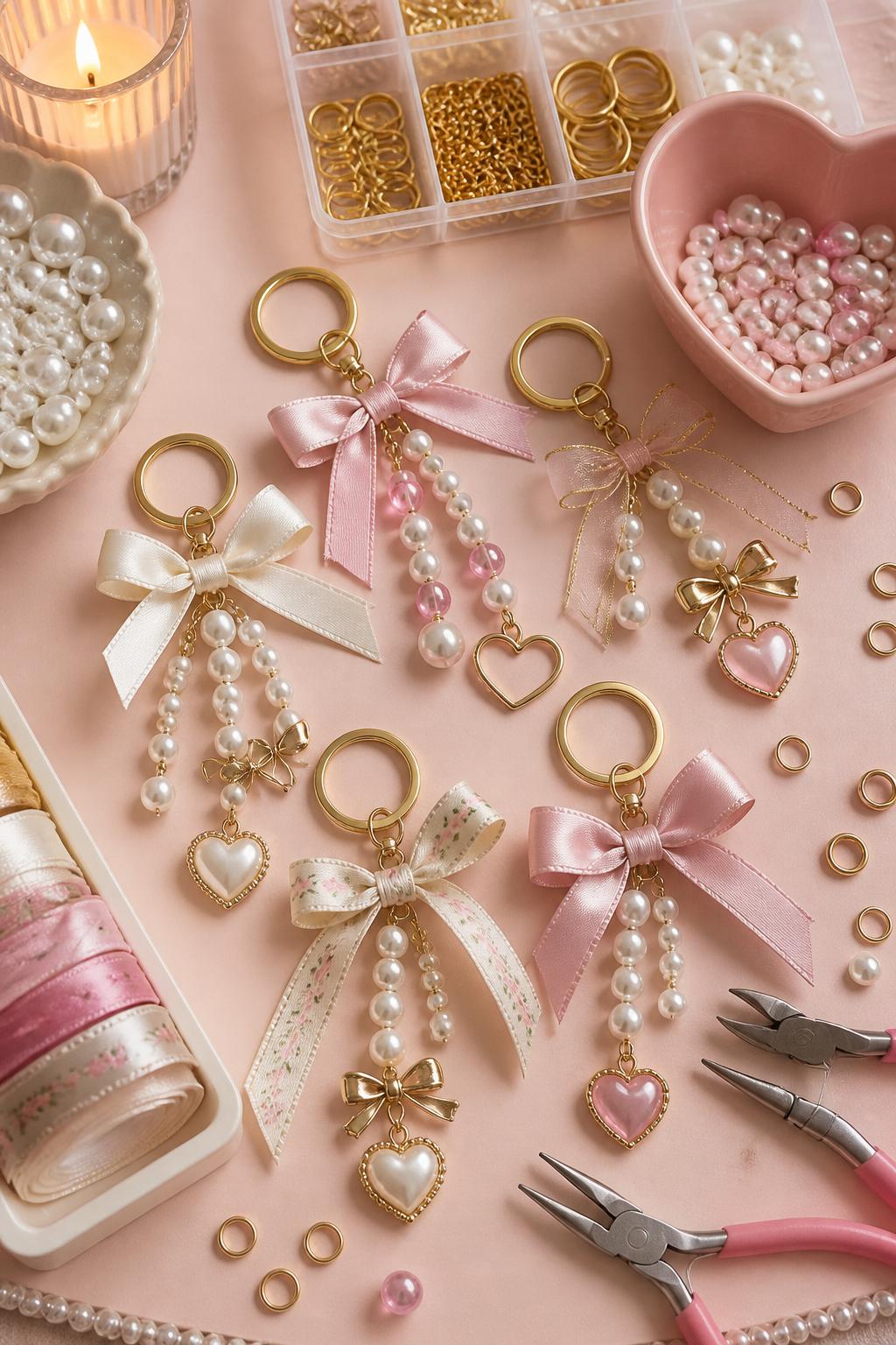 Detailed Image Prompt:
A pretty girls’ night craft photo showing handmade pearl and ribbon keychains, faux pearl beads, satin ribbons, bow charms, heart charms, gold keyrings, jump rings, and pliers arranged on a soft pink craft table, feminine accessory craft styling, no people, no faces, no readable text, no watermark on images.