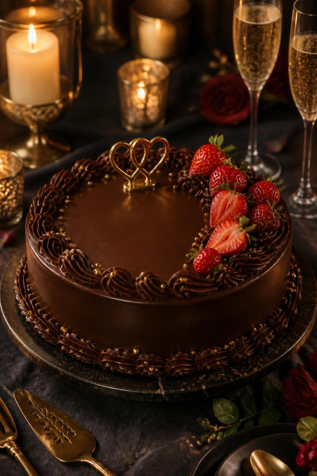 Image Prompt: A lovely anniversary chocolate cake with smooth glossy chocolate ganache, delicate piped chocolate borders, fresh strawberries, tiny gold pearls, and a small gold anniversary topper. Style it on an elegant dessert table with candles, champagne glasses, dark linen, and warm romantic lighting. Make it rich, polished, and realistic, with editorial food photography, no people, no faces, no text overlay, no watermark. (no watermarks on images)