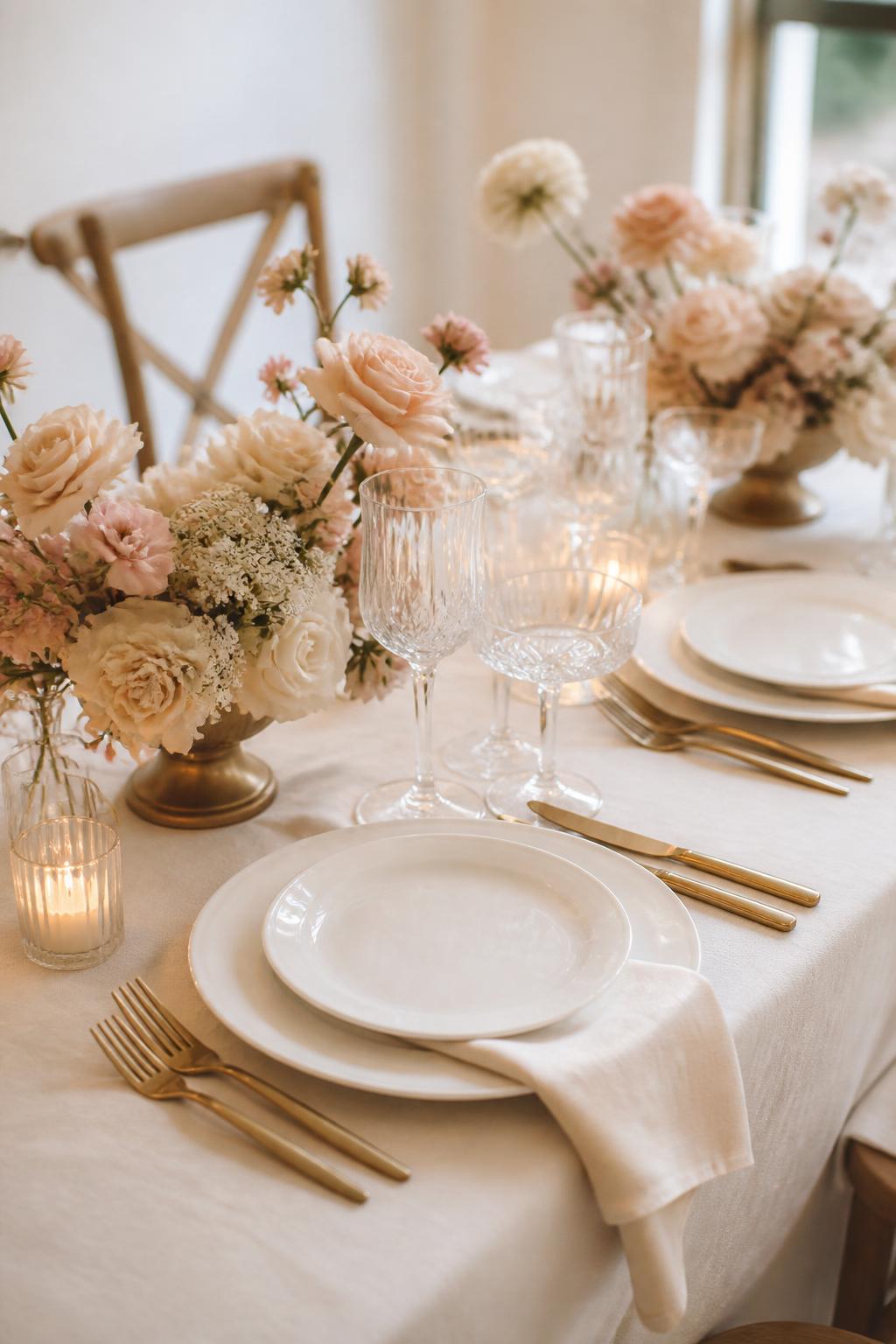 Image Prompt:
A cute civil wedding table photo showing soft blush flowers in low vases, white plates, gold flatware, clear glassware, ivory linen napkins, and small candles. The setting is an intimate indoor wedding dinner with warm natural light, no visible faces, no text, no watermark, realistic editorial wedding photography, (no watermarks on images)