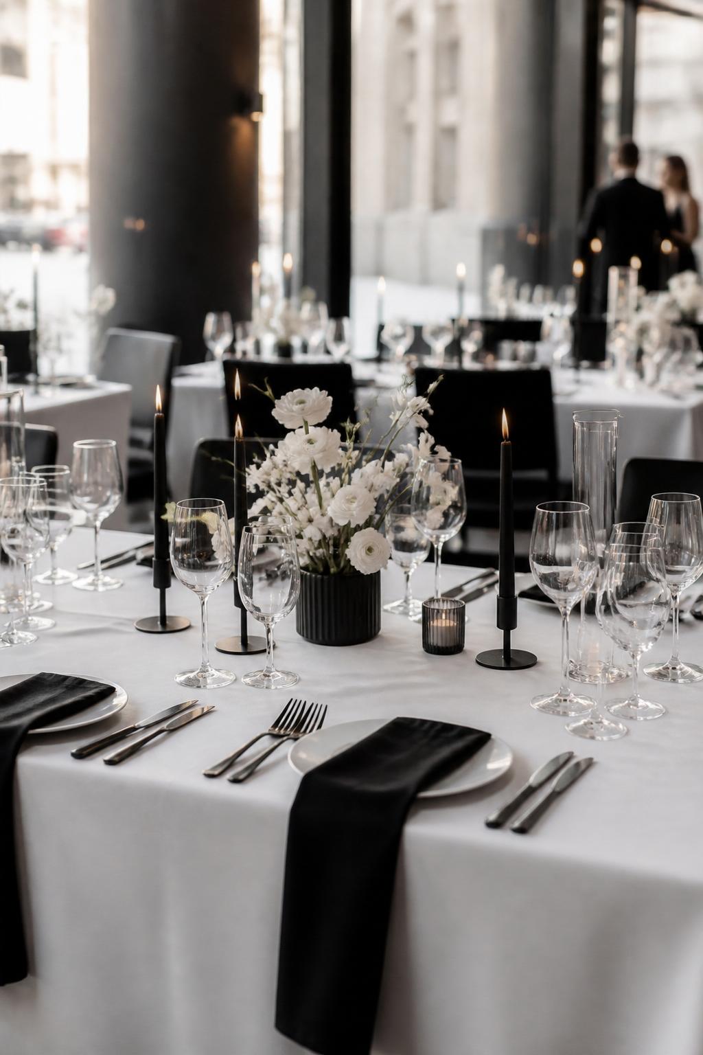 Image Prompt:
A modern civil wedding table styled in black and white with crisp white linen, black taper candles, white flowers in a small black vase, white plates, clear glassware, and matte black flatware. Stylish city restaurant or courthouse-adjacent reception setting, no visible faces, no text, no watermark, realistic editorial wedding photography, (no watermarks on images)