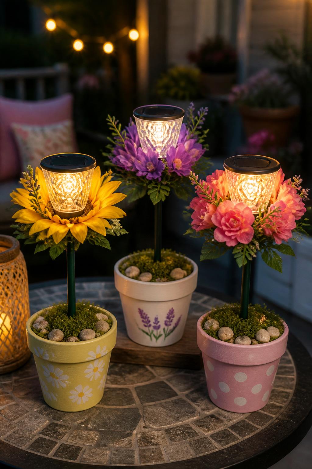 Detailed Image Prompt:
A creative summer craft photo showing Dollar Tree solar lights turned into flower pot stakes, solar light tops surrounded by faux flower petals and greenery, placed in painted mini pots with moss and stones, styled on a patio table at dusk, warm budget garden craft mood, no people, no faces, no readable text, no watermark on images.