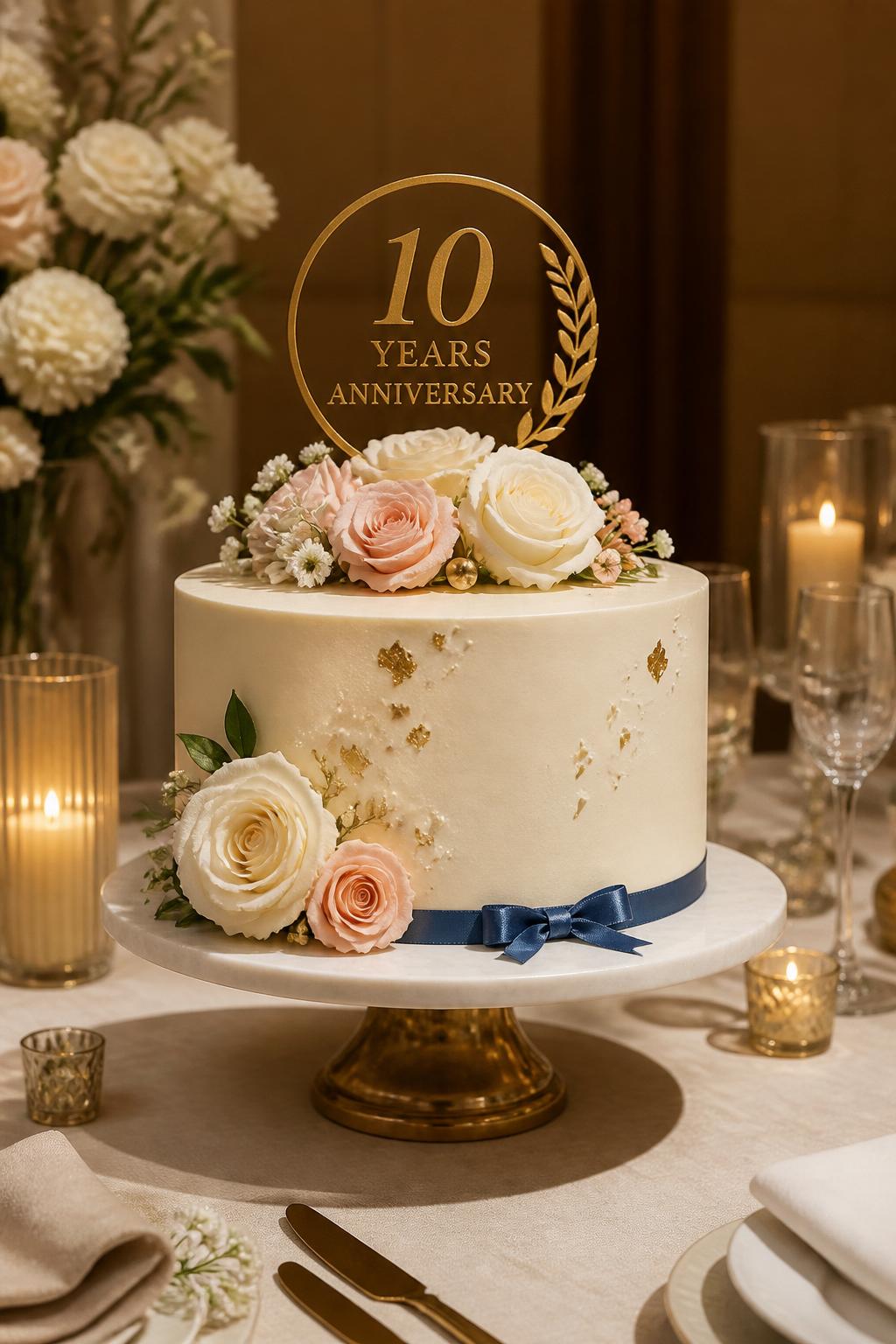 Image Prompt: A lovely company anniversary cake with smooth ivory buttercream, soft white and blush flowers, subtle gold accents, a small brand-colored ribbon, and a clean anniversary topper. Style it on a refined corporate dessert table with candles, glassware, linen, and soft warm lighting. Make it beautiful, professional, and realistic, no people, no faces, no text overlay, no watermark. (no watermarks on images)