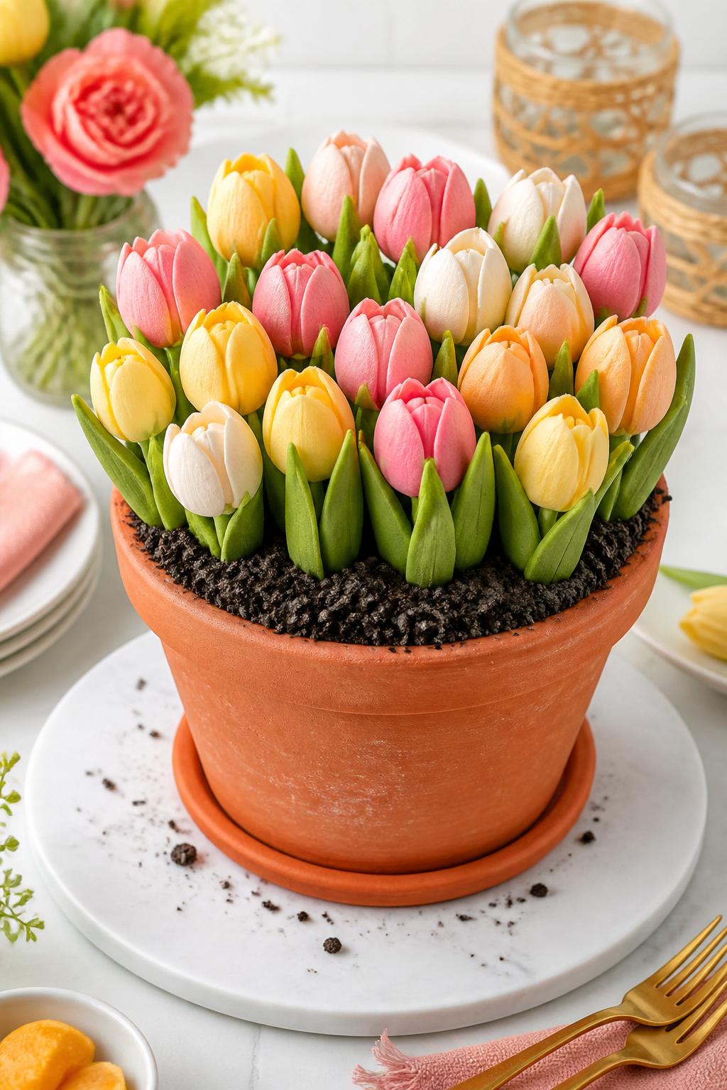 Detailed Image Prompt:
A spring flower pot cake topped with neat rows of buttercream tulips in soft pink, peach, yellow, and ivory, piped green leaves, textured terracotta pot frosting, and cookie crumb soil, styled on a bright white table with spring brunch decor, fresh editorial cake photography, no people, realistic DSLR quality, no watermarks on images.