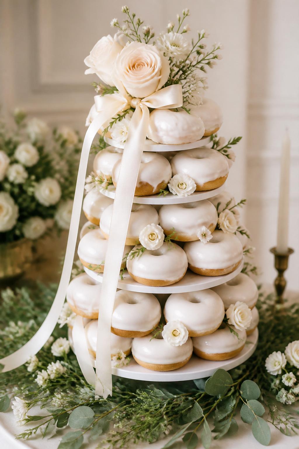 Detailed Image Prompt:
An elegant wedding donut tower cake made with white glazed donuts stacked on a tiered stand, decorated with soft buttercream-style flowers, small edible blooms, ivory ribbon, and delicate greenery around the base, styled on a romantic wedding dessert table, realistic editorial cake photography, no people, soft natural light, no watermarks on images.