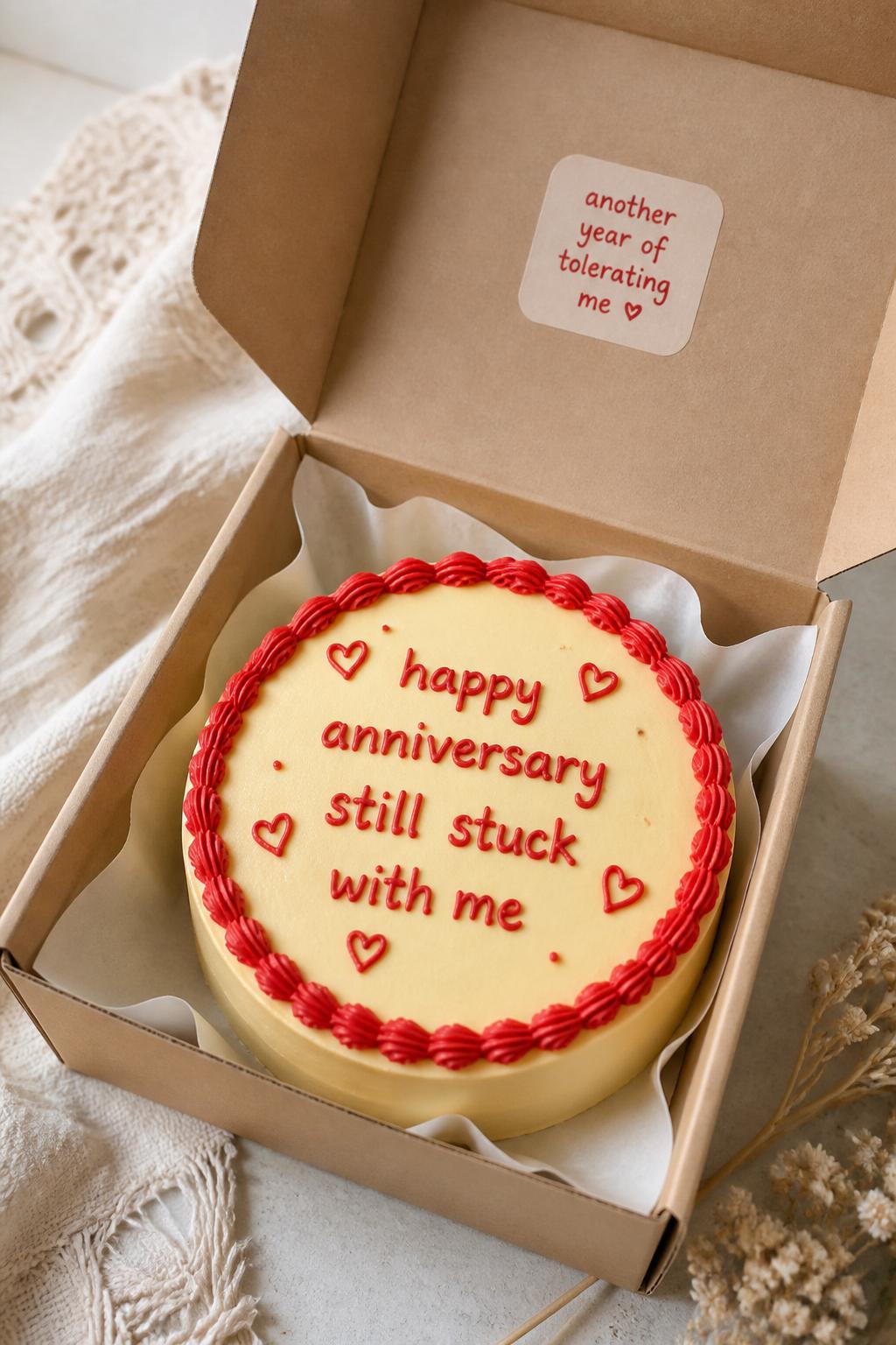 Image Prompt:
A playful anniversary bento cake in an open kraft cake box, light yellow buttercream frosting, neat red piped border, handwritten icing text reading a funny anniversary phrase like “still stuck with me,” tiny heart doodles, fun casual styling, soft daylight, realistic bakery photography, no people, no hands, no faces, no watermarks on images