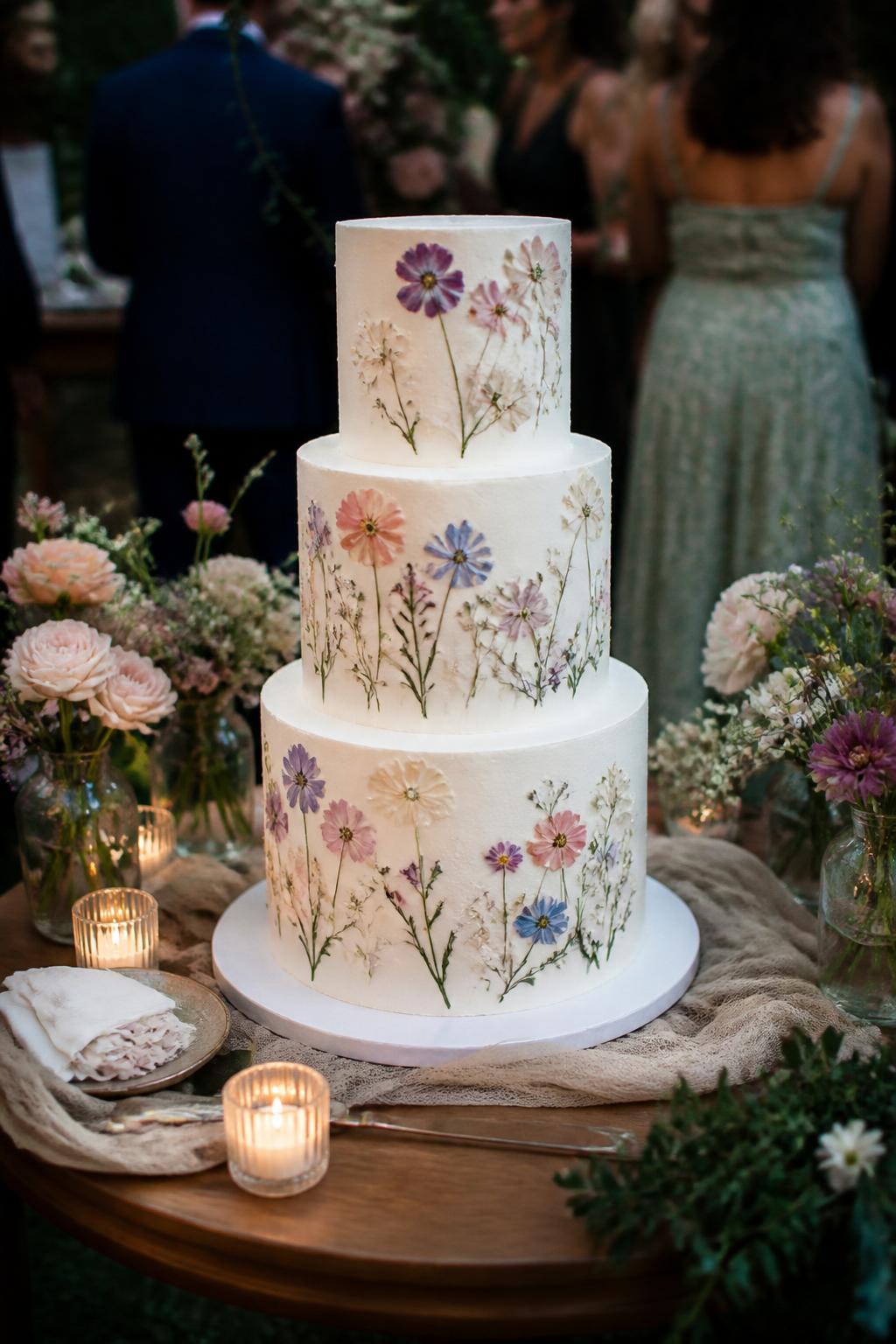 Image Prompt: Ultra-realistic wedding party scene featuring a white or ivory tiered wedding cake decorated with edible pressed flowers in soft pink, peach, lavender, blue, and cream tones. Place the cake on a beautiful reception cake table at a garden-style wedding with candles, florals, linen draping, and a softly blurred party background. Keep the cake in sharp focus. No visible faces. If guests appear, show only back views, side profiles in soft blur, hands near the cake table, or cropped figures from the neck down. Realistic flower texture, natural buttercream or fondant finish, DSLR wedding editorial style. (no watermarks on images)