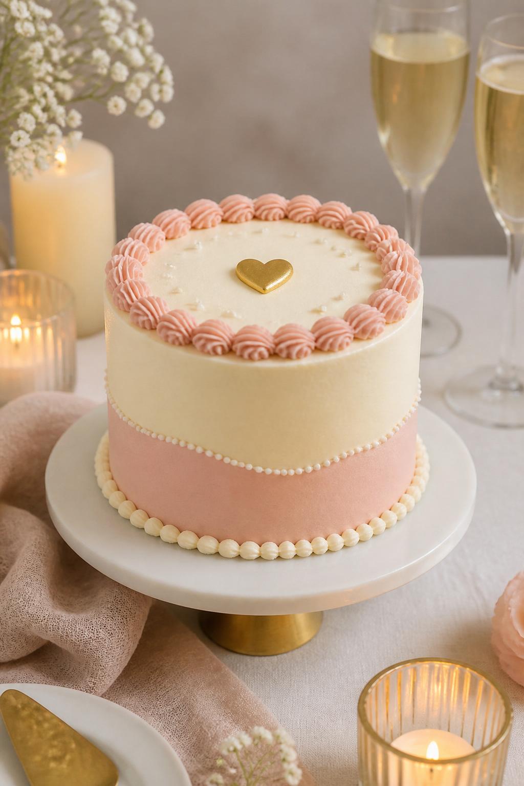 Image Prompt: A modern anniversary mini cake with smooth two-tone buttercream in ivory and blush pink, clean piped edges, tiny pearl dots, and a small gold heart accent. Style it on a simple dessert table with candles, soft linen, and champagne glasses. Make it clean, romantic, and realistic, no people, no faces, no text overlay, no watermark. (no watermarks on images)
