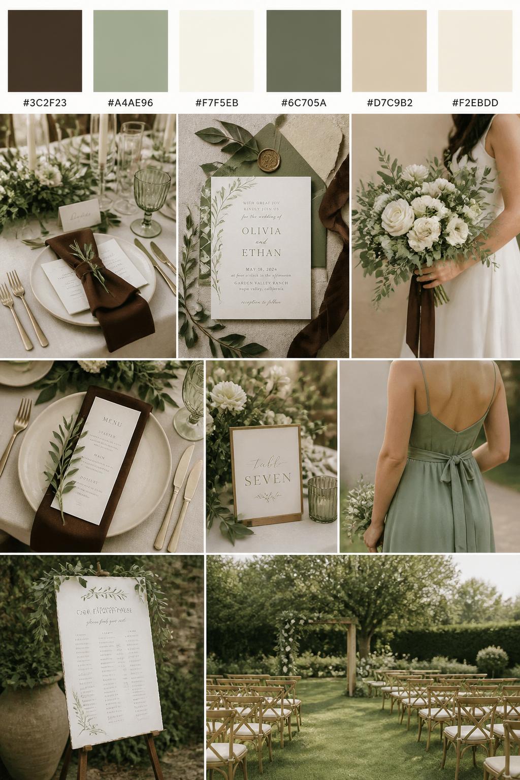 A realistic Pinterest-style wedding palette board with a top row of swatches and hex codes in espresso brown, sage green, ivory, muted olive, soft beige, and warm cream. Below the swatches, create a natural wedding collage with sage greenery, ivory florals, espresso napkins or ribbon, simple table settings, garden-style stationery, a side-view bouquet shot, a bridesmaid dress detail cropped below the shoulders, and a no-people ceremony setup with greenery and warm neutral decor. Use varied no-face compositions, including hands-only details, back-view styling, side-view crops, and no-people decor scenes. DSLR photo realism, 9:16 vertical format. (no watermarks on images)