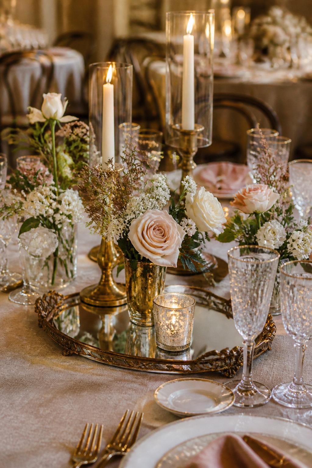Image Prompt:
A classy vintage wedding table photo showing small antique mirror details used as tray bases for candles and flowers, paired with blush roses, ivory blooms, crystal glasses, brass candle holders, and soft linen. Elegant indoor reception setting, no visible faces, no text, no watermark, realistic DSLR editorial photography, (no watermarks on images)