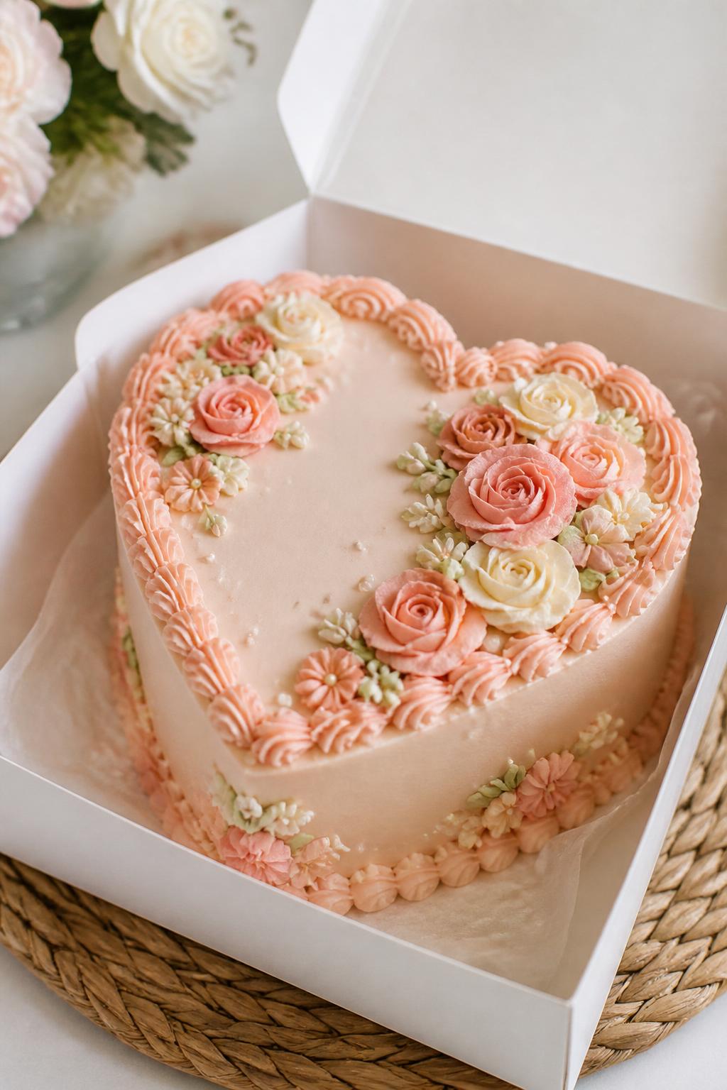 Image Prompt:
A delicate floral heart shaped bento cake inside a white open cake box, smooth blush buttercream frosting, tiny buttercream flowers in pink, cream, and peach tones, elegant piped border, fresh romantic bakery styling, soft natural light, realistic close-up dessert photography, no people, no hands, no faces, no watermarks on images