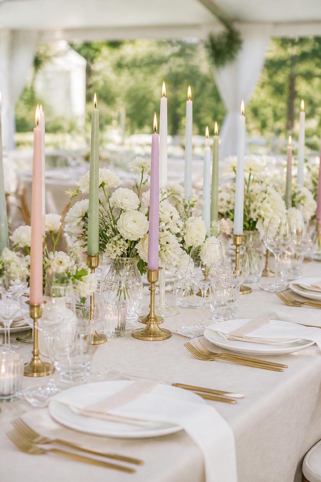 Image Prompt:
A stylish wedding reception table featuring soft colored taper candles in blush, sage, lavender, pale blue, and ivory, paired with simple white flowers, white plates, gold flatware, clear glassware, and neutral linen. Bright garden or tented wedding setting, no visible faces, no text, no watermark, realistic editorial photography, (no watermarks on images)
