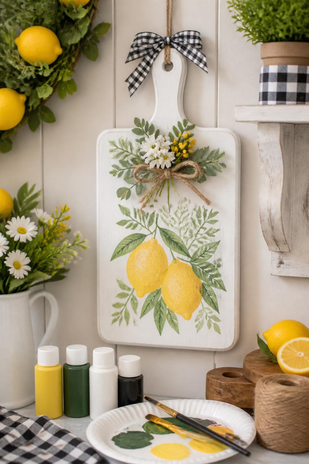 Detailed Image Prompt:
A farmhouse-style summer craft photo showing a Dollar Tree cutting board turned into wall decor, painted white with lemon and greenery accents, ribbon at the handle, small faux flowers and twine detail, styled on a kitchen wall with bright seasonal decor, craft paints and supplies nearby, clean budget kitchen craft look, no people, no faces, no readable text, no watermark on images.