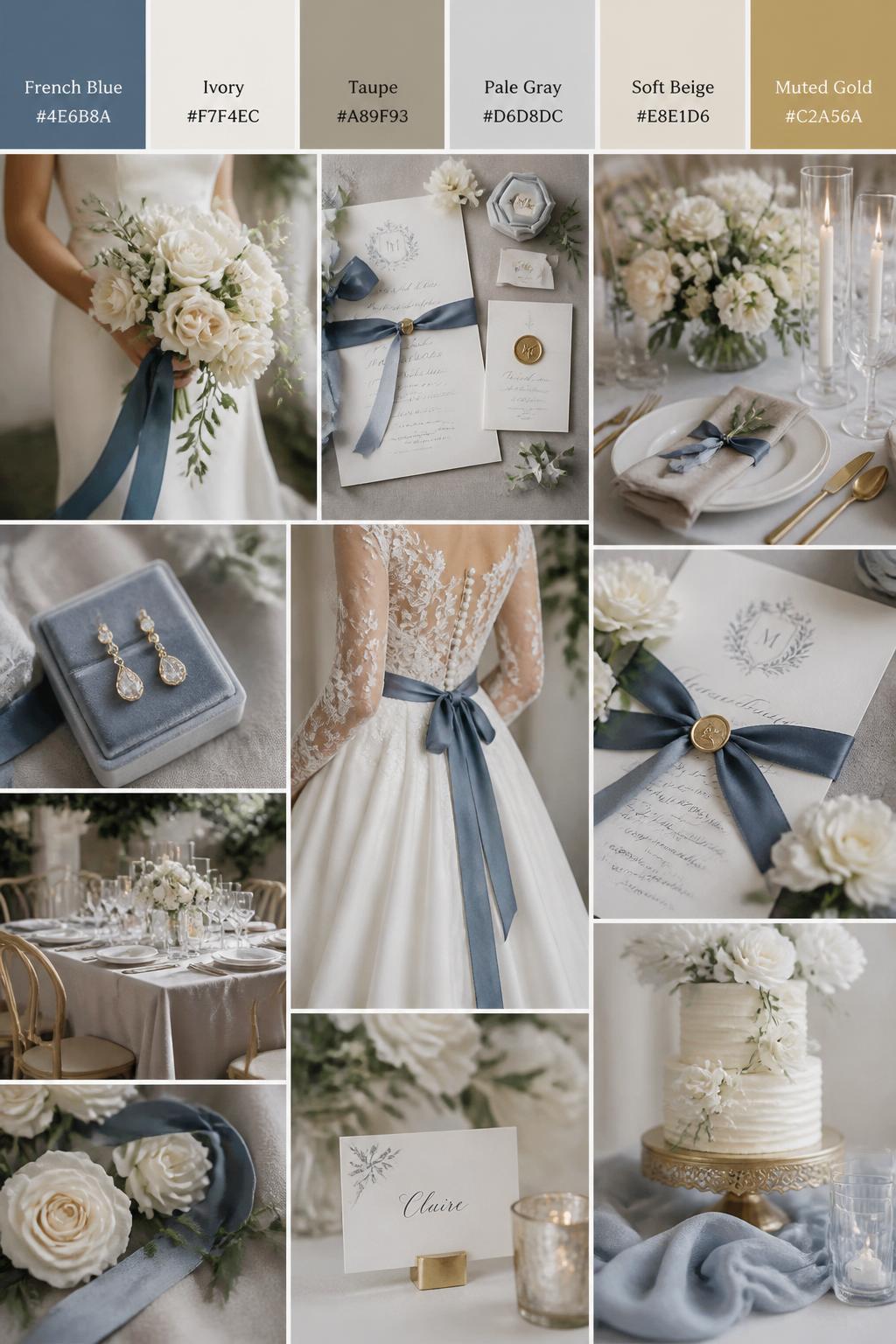 A realistic wedding inspiration collage with a top color strip showing hex-coded swatches in French blue, ivory, taupe, pale gray, soft beige, and muted gold. Below the palette strip, create a realistic wedding mood board with blue ribbon details, ivory flowers, taupe linens, invitation flat lays, cropped dress detail shots, hands holding a bouquet, and no-people decor scenes in soft natural light. Use back views, side views, shoulder-down crops, and detail-only shots so no full faces are visible. The mood should feel calm, polished, elegant, and classic with DSLR-style realism. 9:16 vertical format. (no watermarks on images)