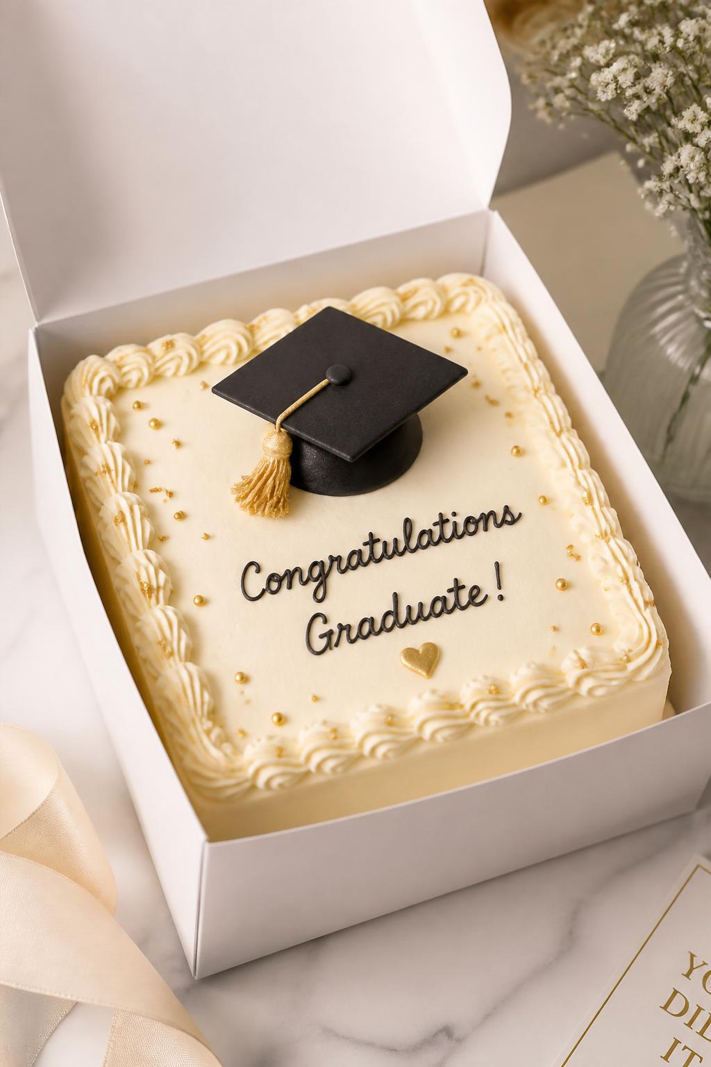 Image Prompt:
A lovely graduation bento cake inside an open white cake box, smooth cream frosting, small buttercream graduation cap with a detailed tassel, elegant piped border, subtle gold accents, soft celebratory styling, realistic editorial bakery photography, no people, no hands, no faces, (no watermarks on images)