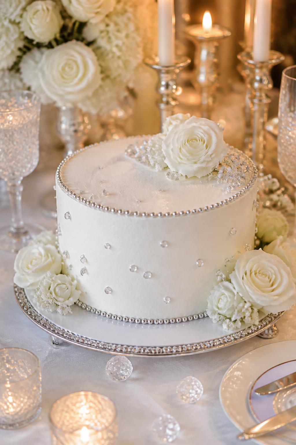 Image Prompt: A cute diamond wedding anniversary cake with smooth white buttercream, delicate silver pearl borders, tiny edible diamond-like sugar crystals, and soft white roses around the base. Style it on an elegant dessert table with crystal glasses, silver candle holders, white linen, and warm romantic lighting. Make it look graceful, polished, and realistic, with editorial food photography, no people, no faces, no text overlay, no watermark. (no watermarks on images)