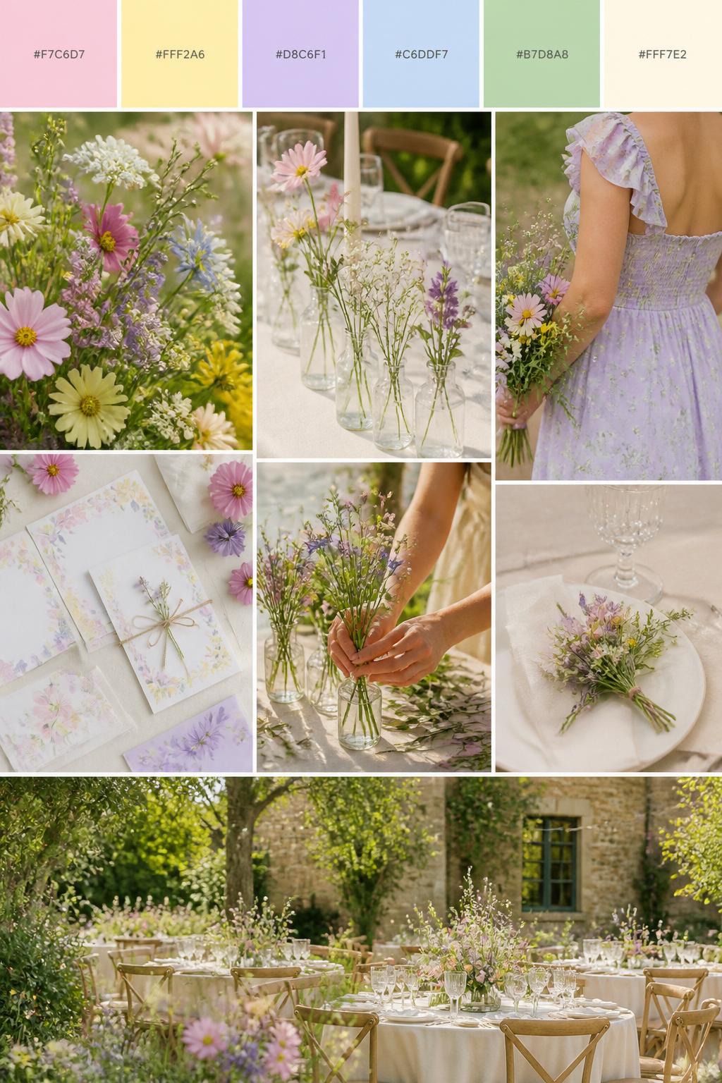 A realistic wildflower wedding color palette board with a top strip of hex-coded swatches in soft pink, pale yellow, lavender, powder blue, meadow green, and cream. Below, create a bright but soft wedding collage with mixed pastel wildflowers, meadow-style greenery, cream table linens, small glass bud vases, floral invitations, hands placing flowers on a table, a cropped bridesmaid dress detail with no face shown, and a no-people garden reception setting. Use back views, side-view details, hands-only shots, and no-people scenes to avoid faces. The mood should feel cute, cheerful, fresh, and romantic with DSLR-style realism. 9:16 vertical format. No extra text except small hex codes on the palette strip. (no watermarks on images)