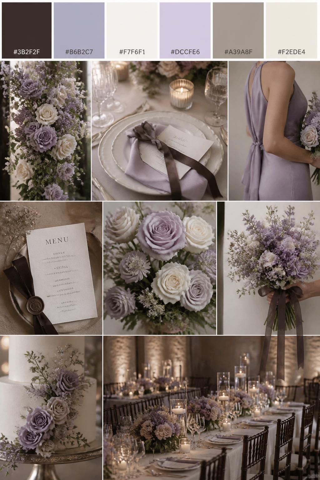 A realistic wedding mood board in a Pinterest-style collage layout. Add a top strip of swatches with small hex codes in espresso brown, lavender gray, ivory, soft lilac, warm taupe, and cream. Below, create a romantic elegant collage with lavender-gray flowers, ivory table decor, espresso ribbon, menu cards, bouquet close-ups, a side-view body detail of a bridesmaid dress with no face shown, hands holding flowers, and no-people reception styling under soft candlelight. Avoid clear faces completely by using cropped, turned-away, or detail-only compositions. DSLR-style realism, 9:16 vertical format. (no watermarks on images)