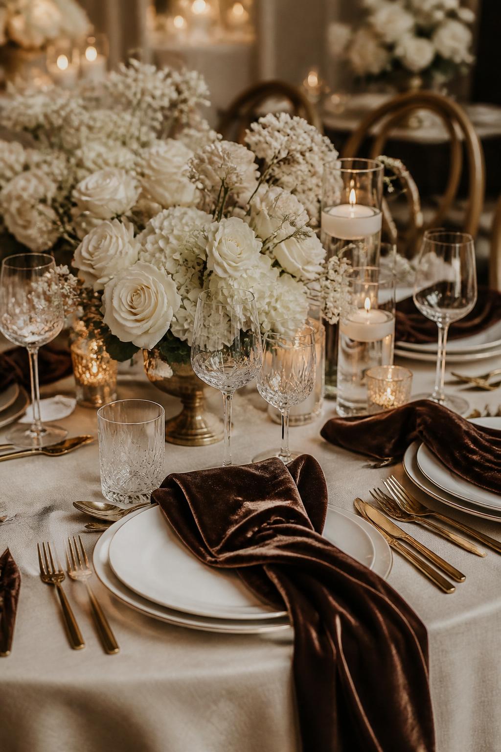 Image Prompt:
A close editorial wedding table photo focused on chocolate brown velvet napkins placed over white plates, paired with ivory floral centerpieces, gold flatware, crystal glasses, warm candlelight, and soft neutral linen. Refined indoor wedding reception setting, no visible faces, no text, no watermark, realistic professional wedding photography, (no watermarks on images)