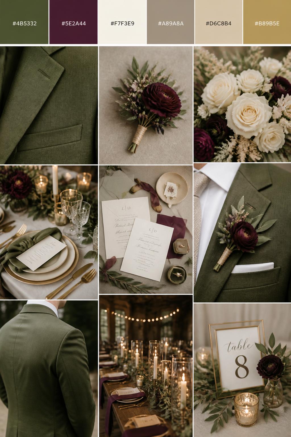 Image Prompt:
A realistic vertical wedding mood board with a top palette strip showing hex codes in olive green, plum, ivory, warm taupe, soft beige, and muted gold. Below the swatches, show a romantic collage of olive green suit fabric, plum boutonnieres, ivory flowers, polished table settings, invitation styling, a boutonniere close-up with no face visible, cropped suit details, and warm reception decor. Use varied no-face compositions such as side views, back views, hand-held boutonniere close-ups, and no-people tablescape shots. DSLR realism, Pinterest-style collage layout, 9:16 vertical format. (no watermarks on images)