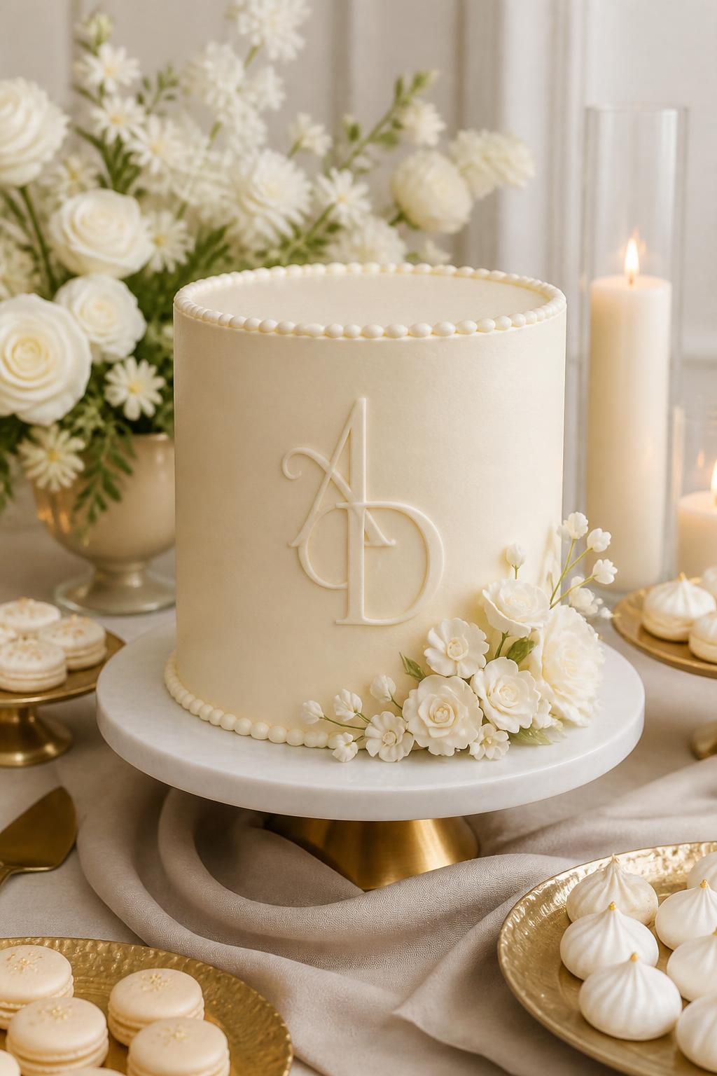 Image Prompt: A modern wedding anniversary cake with smooth ivory buttercream, a raised monogram of the couple’s initials on the front, thin pearl borders, and small white sugar flowers at the base. Style it on a clean dessert table with neutral linen, candles, and gold dessert plates. Make it look personal, modern, and elegant, no people, no faces, no text overlay, no watermark. (no watermarks on images)