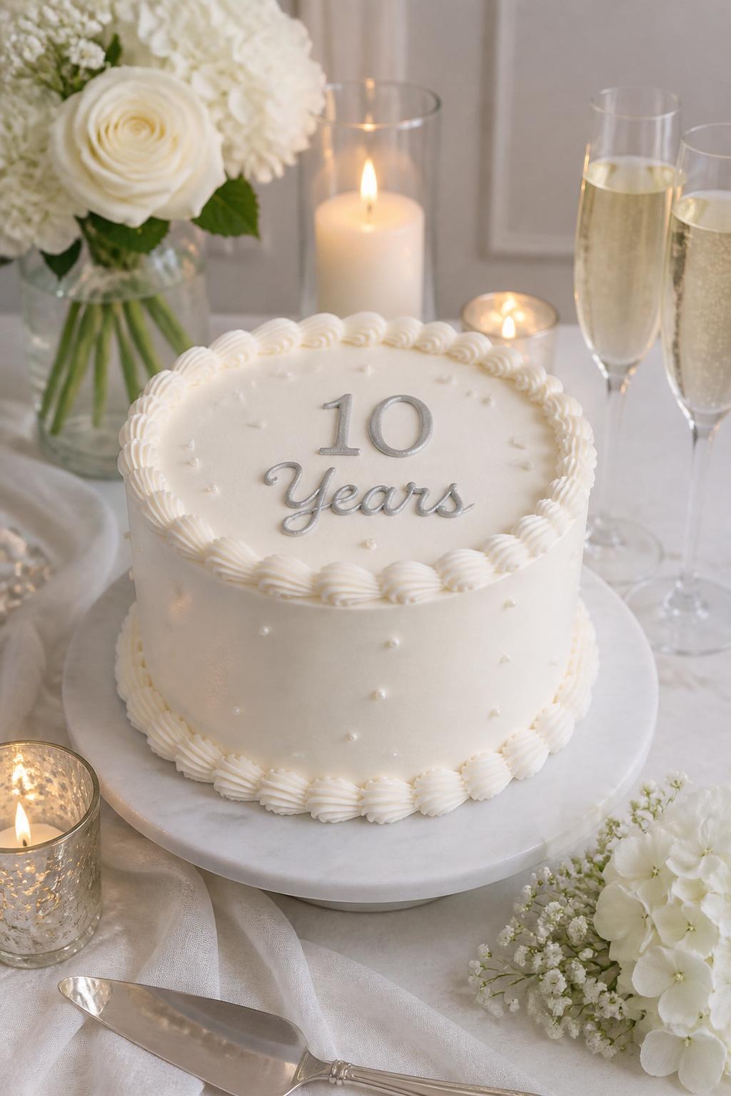 Image Prompt: A minimal 10th anniversary cake with smooth white buttercream, neat silver piped lettering that says “10 Years,” tiny pearl dots, and soft shell piping around the top and base. Style it on a simple dessert table with candles, champagne flutes, and white flowers. Make it clean, romantic, and realistic, no people, no faces, no watermark. (no watermarks on images)