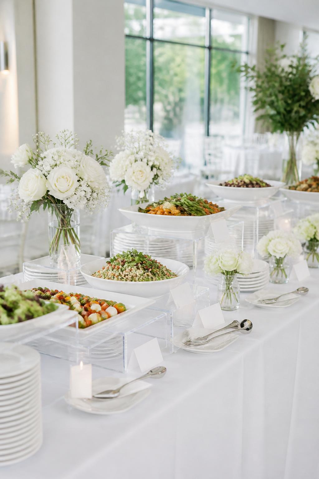 Image Prompt:
A clean minimal wedding buffet table with white linen, clear acrylic risers, simple white serving dishes, small white floral arrangements, clear glassware, polished serving utensils, and neat label cards with no readable text. Bright modern reception space, no visible faces, no text, no watermark, realistic DSLR wedding photography.