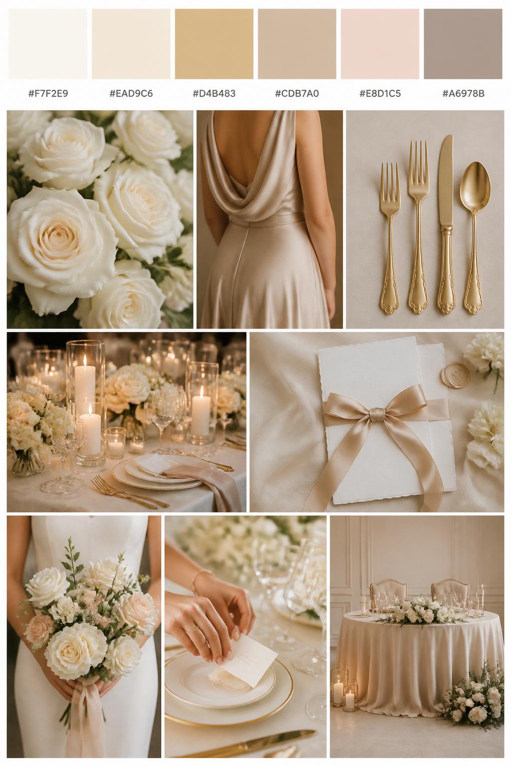 A realistic elegant wedding color palette mood board in a Pinterest-style collage layout. Add a top row of clean color swatches with small hex codes in ivory, champagne, soft gold, warm beige, blush nude, and taupe. Below the swatches, create a polished collage of elegant wedding details: ivory roses, champagne bridesmaid dress fabric cropped from the neck down, soft gold flatware, candlelit reception tables, silk ribbon stationery, a bouquet held at waist level with no face visible, hands adjusting place cards, and a no-people sweetheart table scene. Use side views, back views, cropped detail shots, hands-only styling, and no-people scenes to avoid showing faces. Soft natural light, DSLR-style realism, 9:16 vertical format. No extra text except small hex codes on the palette strip. (no watermarks on images)