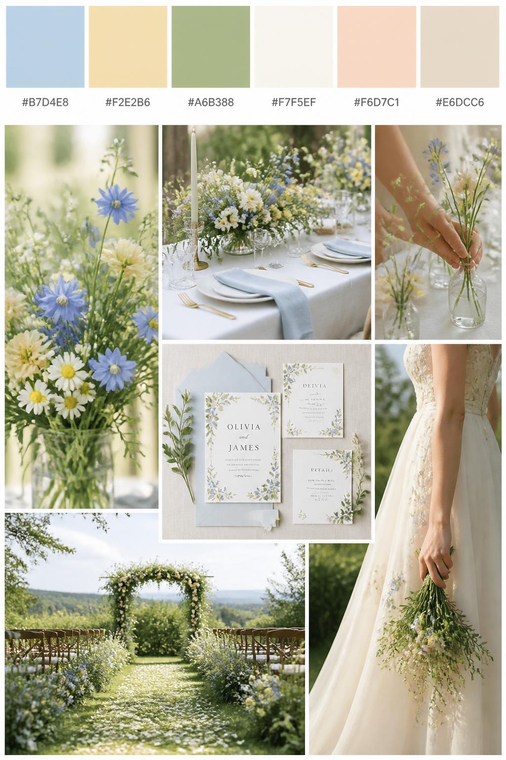 A realistic Pinterest-style wedding palette board with a top strip of swatches and hex codes in sky blue, buttercream, soft green, ivory, pale peach, and warm beige. Below, show a light wildflower wedding collage with blue wildflowers, creamy yellow blooms, soft greenery, simple white table linens, garden-style stationery, hands arranging small flowers in bud vases, a side-view dress detail cropped from the shoulders down, and a no-people ceremony aisle with meadow flowers. The mood should feel airy, sweet, fresh, and romantic with DSLR-style realism. 9:16 vertical format. Avoid visible faces. (no watermarks on images)