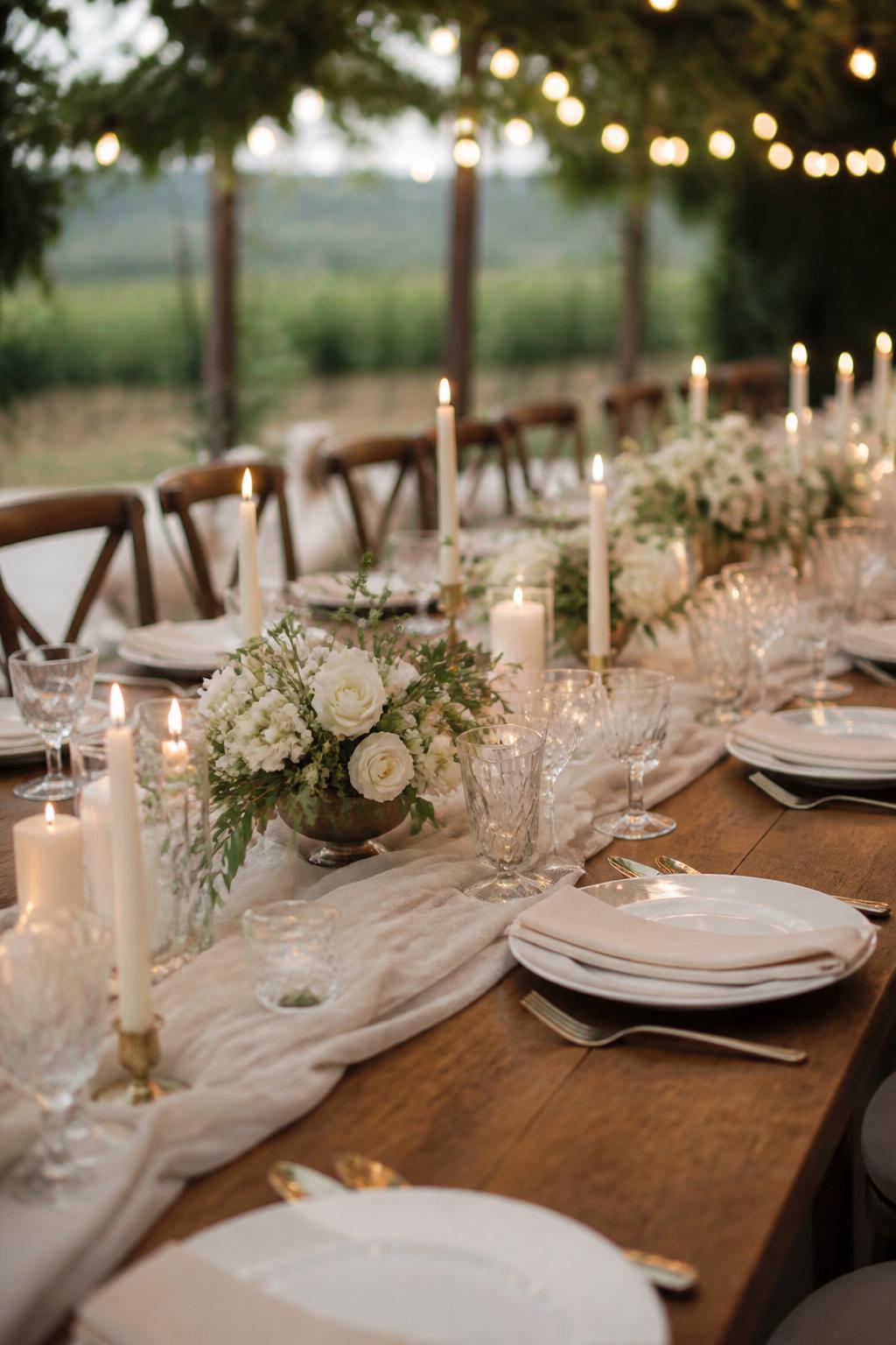 A professional editorial wedding reception photo showing a long wooden wedding table styled with a soft ivory linen runner, low white floral arrangements, delicate greenery, ivory taper candles in elegant holders, white plates, folded linen napkins, clear crystal glasses, and warm romantic lighting. The setting feels refined and natural in a barn, vineyard, or garden wedding venue. No visible faces, no full people, table-focused composition, realistic DSLR wedding photography, no text, no watermark, (no watermarks on images)