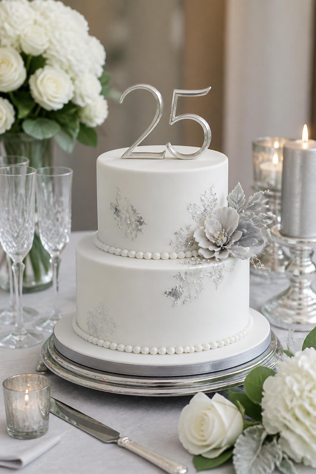 Image Prompt: A refined company anniversary cake with smooth white fondant, silver leaf accents, pearl borders, pale gray details, and a clean silver milestone topper. Style it on a polished corporate event table with crystal glasses, white flowers, silver candles, and soft neutral lighting. Make it graceful, professional, and realistic, no people, no faces, no text overlay, no watermark. (no watermarks on images)