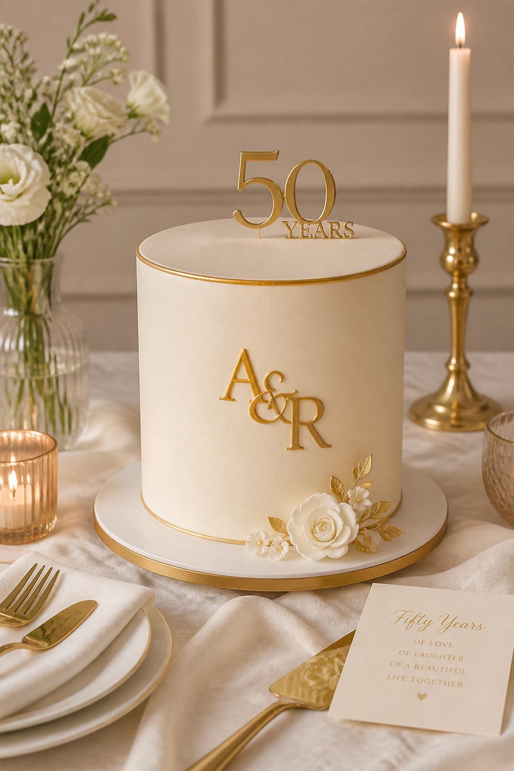 Image Prompt: A minimal golden wedding anniversary cake with smooth ivory buttercream, a raised gold monogram of the couple’s initials, thin gold borders, and small white sugar flowers at the base. Style it on a clean dessert table with gold cutlery, candles, white linen, and soft warm light. Make it look personal, modern, and refined, no people, no faces, no watermark. (no watermarks on images)