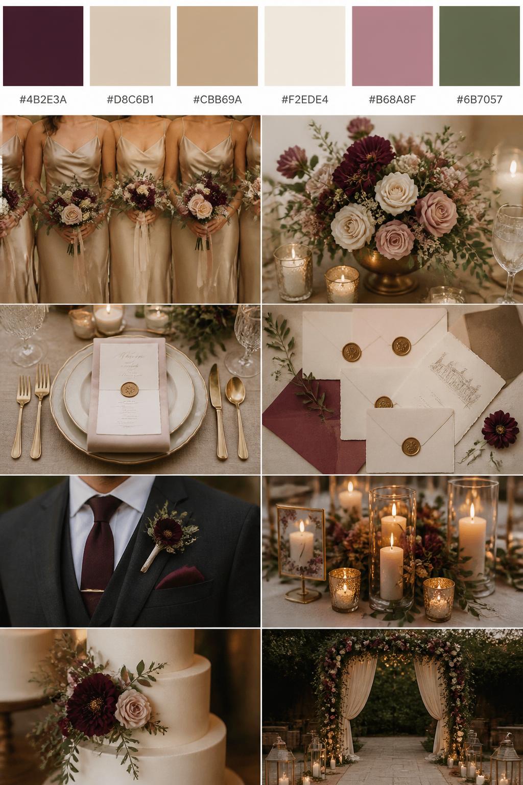 Image Prompt:
A realistic Pinterest-style wedding mood board featuring a top row of palette swatches with hex codes in mulberry, champagne, warm beige, soft ivory, muted rose, and olive green. The collage below should include champagne bridesmaid accents, mulberry floral details, elegant table settings with gold flatware, wedding stationery with wax seals, a romantic floral centerpiece, soft candlelight, and a groom with a mulberry tie or pocket square. The look should feel warm, elegant, and softly luxurious with true-to-life DSLR photo quality. 9:16 vertical format. No extra text except small hex codes on the palette strip. (no watermarks on images)