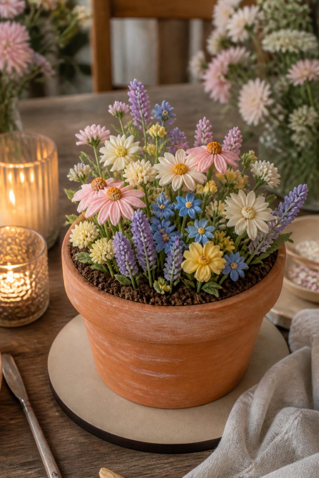 Detailed Image Prompt:
A rustic flower pot cake with hand-piped buttercream wildflowers in soft pink, lavender, pale yellow, ivory, and cornflower blue, chocolate soil crumbs, lightly textured terracotta frosting, styled on a wooden garden table with linen and candles, soft natural light, romantic editorial dessert photo, no people, realistic DSLR image, no watermarks on images.