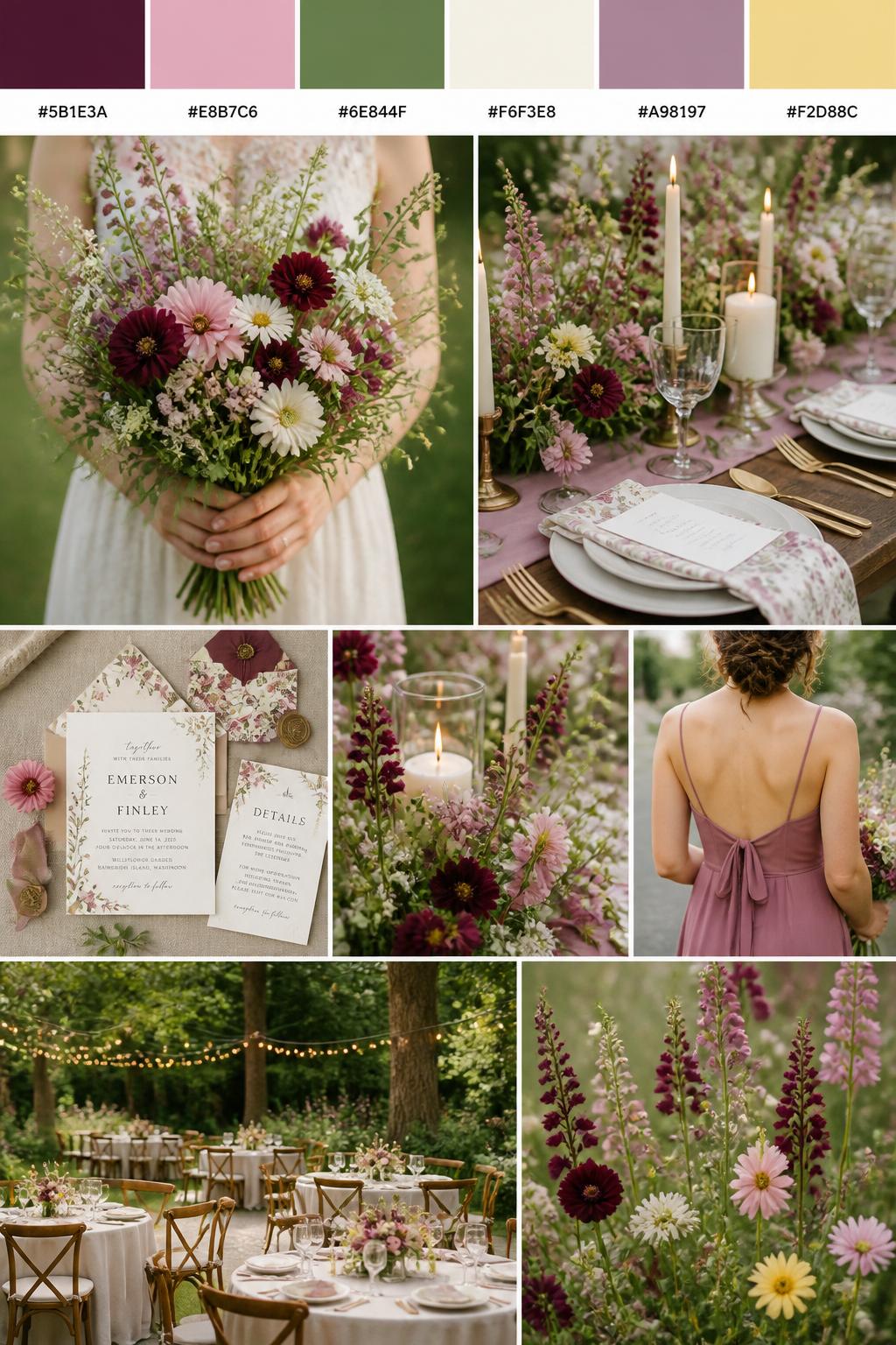 A realistic wildflower wedding mood board with a top color strip showing small hex codes in wild berry, soft pink, meadow green, cream, dusty mauve, and pale yellow. Below, create a fresh romantic collage with berry-toned wildflowers, soft pink blooms, meadow greenery, cream candles, floral table styling, invitation details, a bouquet close-up held in hands with no face visible, a back-view bridesmaid dress detail, and a no-people garden reception scene. Keep the colors sweet, natural, and slightly rich with true-to-life DSLR photo quality. 9:16 vertical format. No full faces, no distorted faces. (no watermarks on images)
